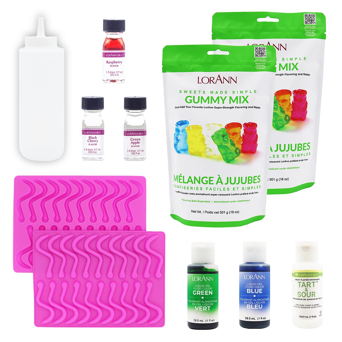 LorAnn DIY Sour Gummy Worm Kit - Candy Making Supplies with Food-Grade Silicone Molds, Squeeze Bottle, Tart & Sour Flavors & Gel Food Colors - Perfect for Birthday Parties, Halloween Treats & Homemade Candy Gifts