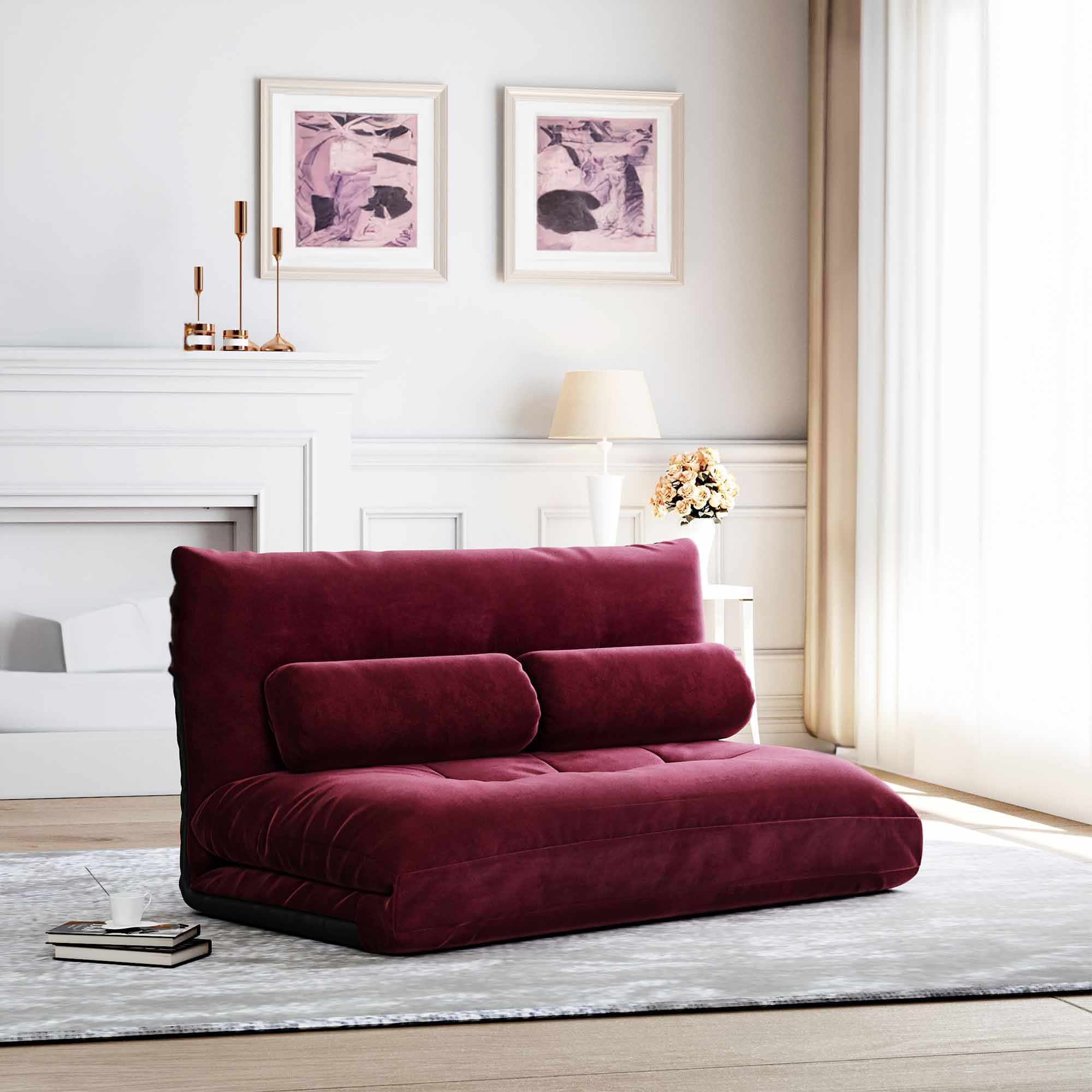 Adjustable Lazy Sofa Bed - Foldable Floor Couch with 2 Pillows, Gaming Recliner & Futon Sleeper for Small Spaces - Perfect for Living Room, Bedroom, Reading Nook & Apartment (Red)