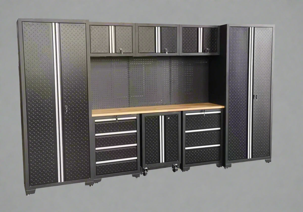 17 & 13 Piece Diamond Plate Garage Cabinet Set - Heavy Duty Steel Tool Storage System with Workbench for Workshop, Auto Repair & Home Organization