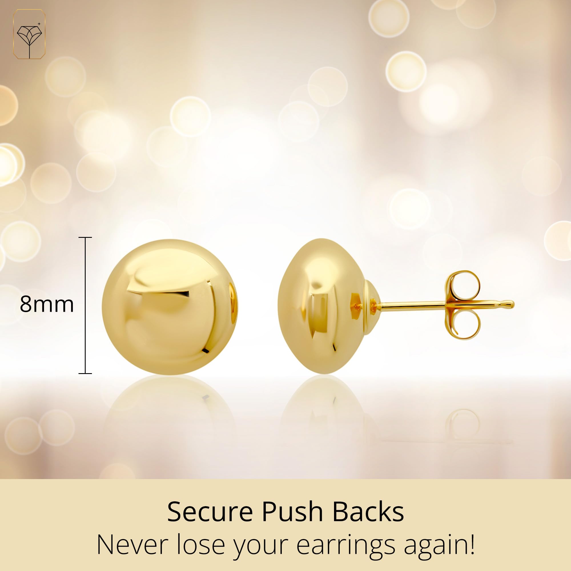 14K Gold Stud Earrings for Women & Men - Hypoallergenic Yellow Gold Ball Earrings (4MM-8MM) | Real 14K Gold Button Stud Earrings for Everyday Wear & Special Occasions | MAX + STONE