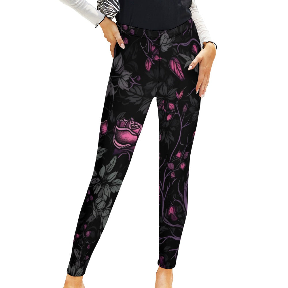Gothic Pink Roses and Vines Printed Leggings - Women's Floral Gothic Fashion Tights for Cosplay, Halloween, Gothic Parties, and Everyday Wear