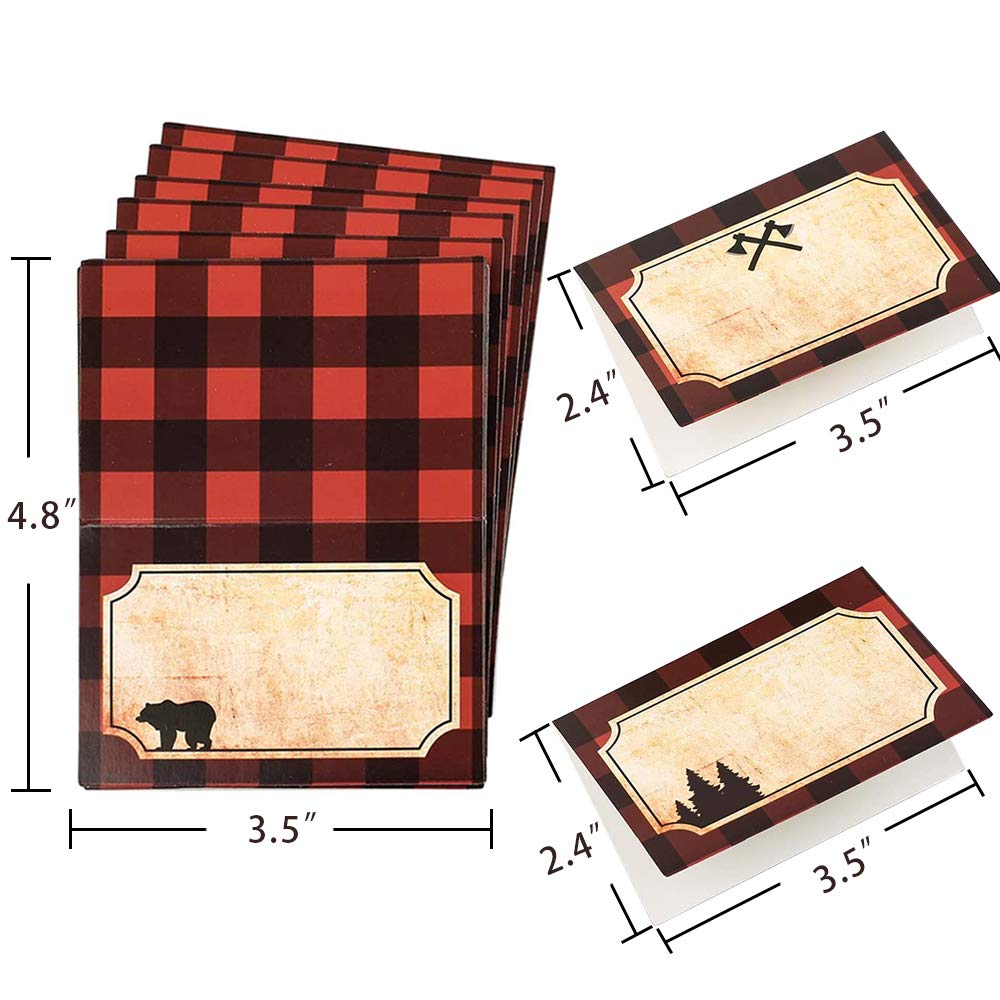 Lumberjack Party Place Cards - Buffalo Plaid Food Tents & Labels for Woodland Baby Shower Decorations | Rustic Wedding, Birthday Party & Themed Event Supplies