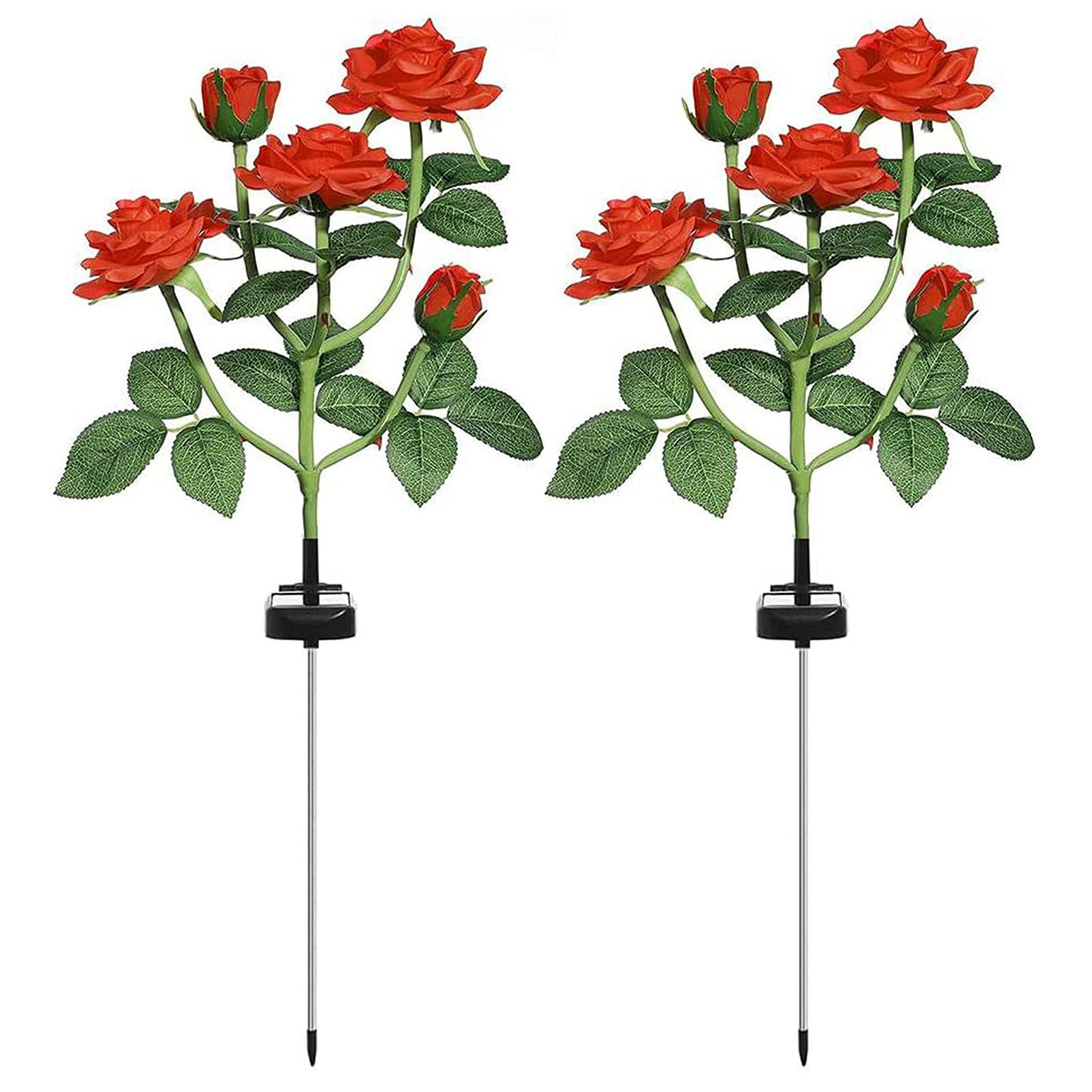 ALLWIN 2 Pack Solar Rose Flower Lights - Upgraded Waterproof Outdoor Solar Garden Lights with 5 LED Rose Flowers - Solar Powered Stake Lights for Patio, Pathway, Courtyard, Lawn Decoration (Red) - Perfect for Romantic Garden Lighting and Landscape Accents