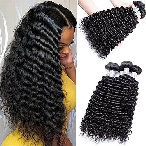 12A Brazilian Virgin Hair Bundles Deep Wave - 100% Human Hair Wefts for Weaving - Natural Black Wet & Wavy Hair Extensions (18/20/22/24 Inch) - Perfect for Protective Styles, Wig Making & Everyday Glam