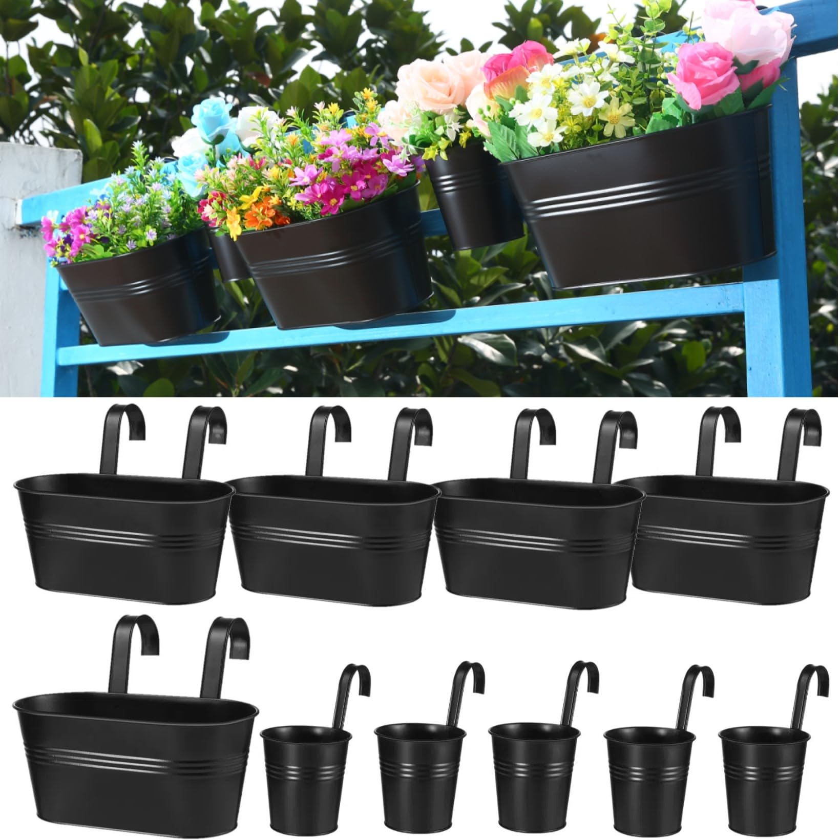 Outdoor Hanging Planters for Balcony Railing - Deck Railing Planter Boxes, Window Boxes & Fence Planters - Flower Pots & Herb Garden Planters (10 Pack, Matte Black) - Perfect for Small Space Gardening, Patio Decor & Urban Balcony Greenery