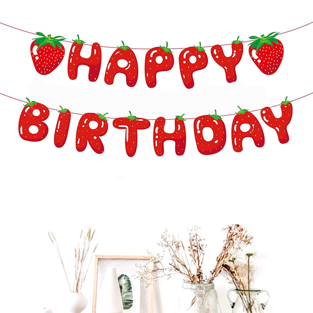 Happy Birthday Strawberry Banner & Bunting Decorations - 2 Set Tropical Party Decor for Beach Summer, Gender Reveal, Baby Shower | Perfect for Outdoor Birthday Parties, Backyard Celebrations & Festive Events