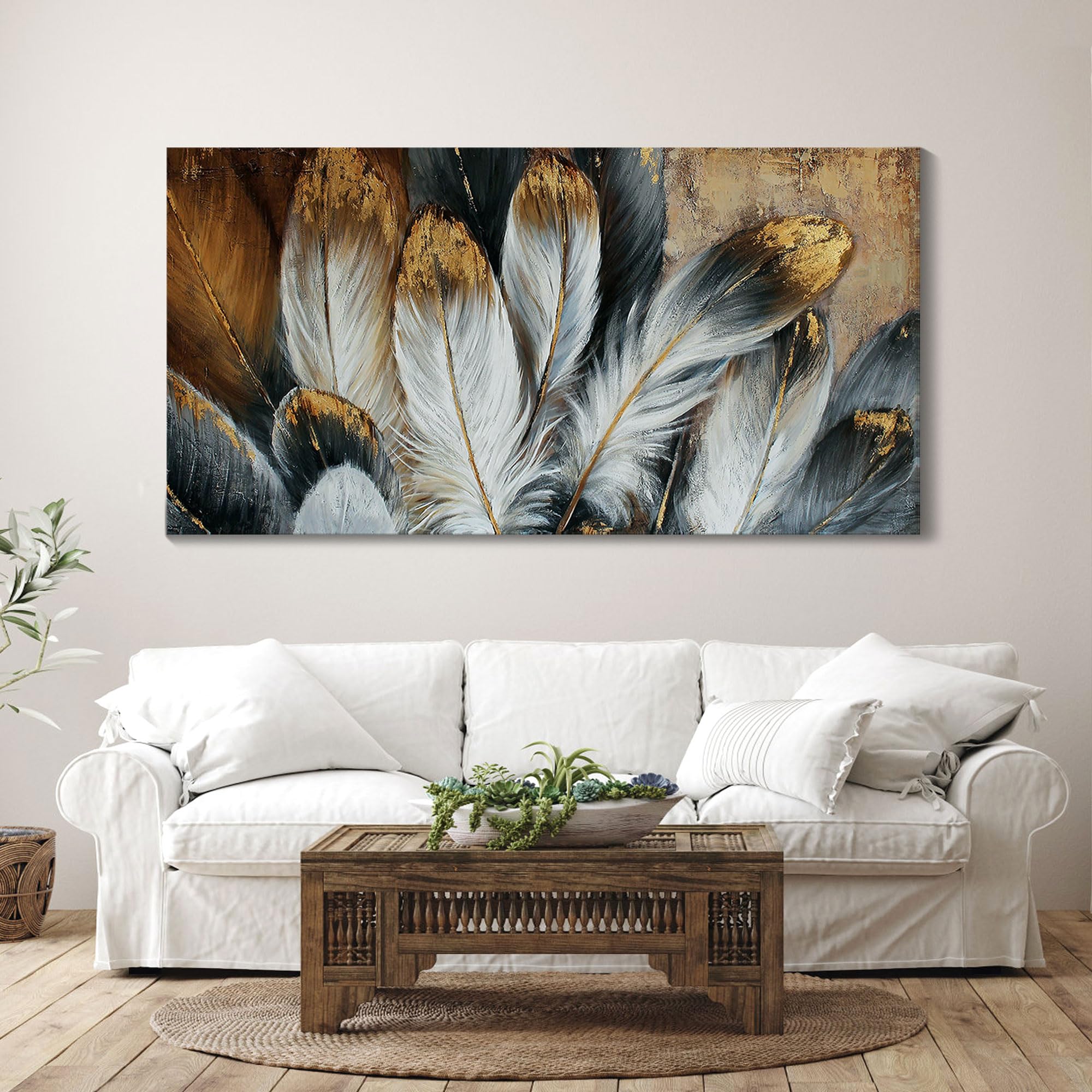 Modern Feather Wall Art - Large 24x48 Giclee Print Canvas Painting for Living Room & Bedroom Decor | White Gold Brown Feather Picture | Ready to Hang Home Decoration | Perfect for Bohemian, Minimalist & Contemporary Interior Design Styles