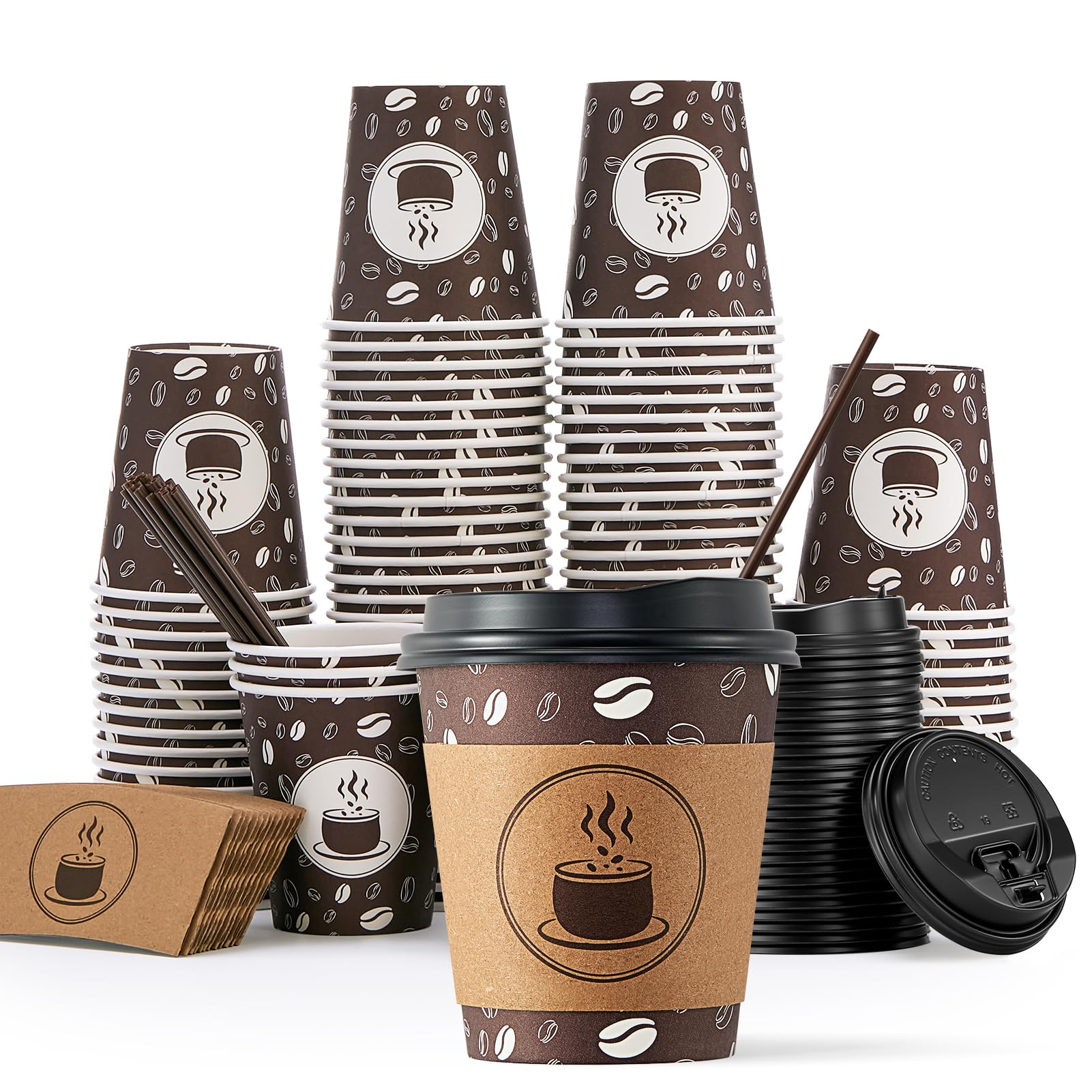 JOLLY PARTY 10oz (100 Pack) Disposable Coffee Cups with Lids, Sleeves & Straws - BPA Free Paper Coffee Cups for Hot Drinks - Ideal for Coffee Shops, Cafes, Concession Stands, Office Break Rooms & Home Use (Dark Brown)