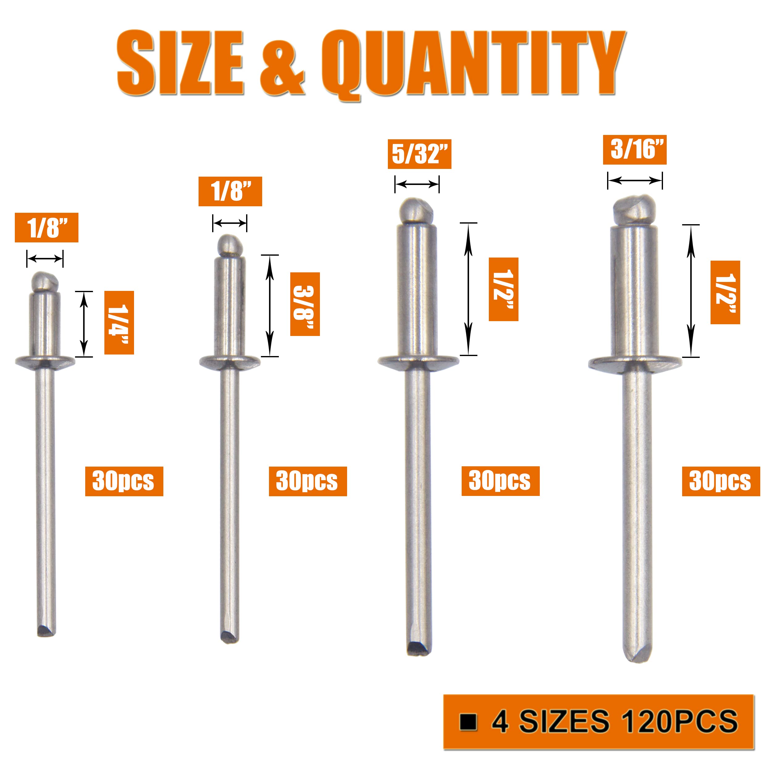 ISPINNER 120pcs 304 Stainless Steel Blind Rivets Assortment Kit - Pop Rivets for Metal, Plastic & Wood - Perfect for DIY, Automotive & Home Repair Projects