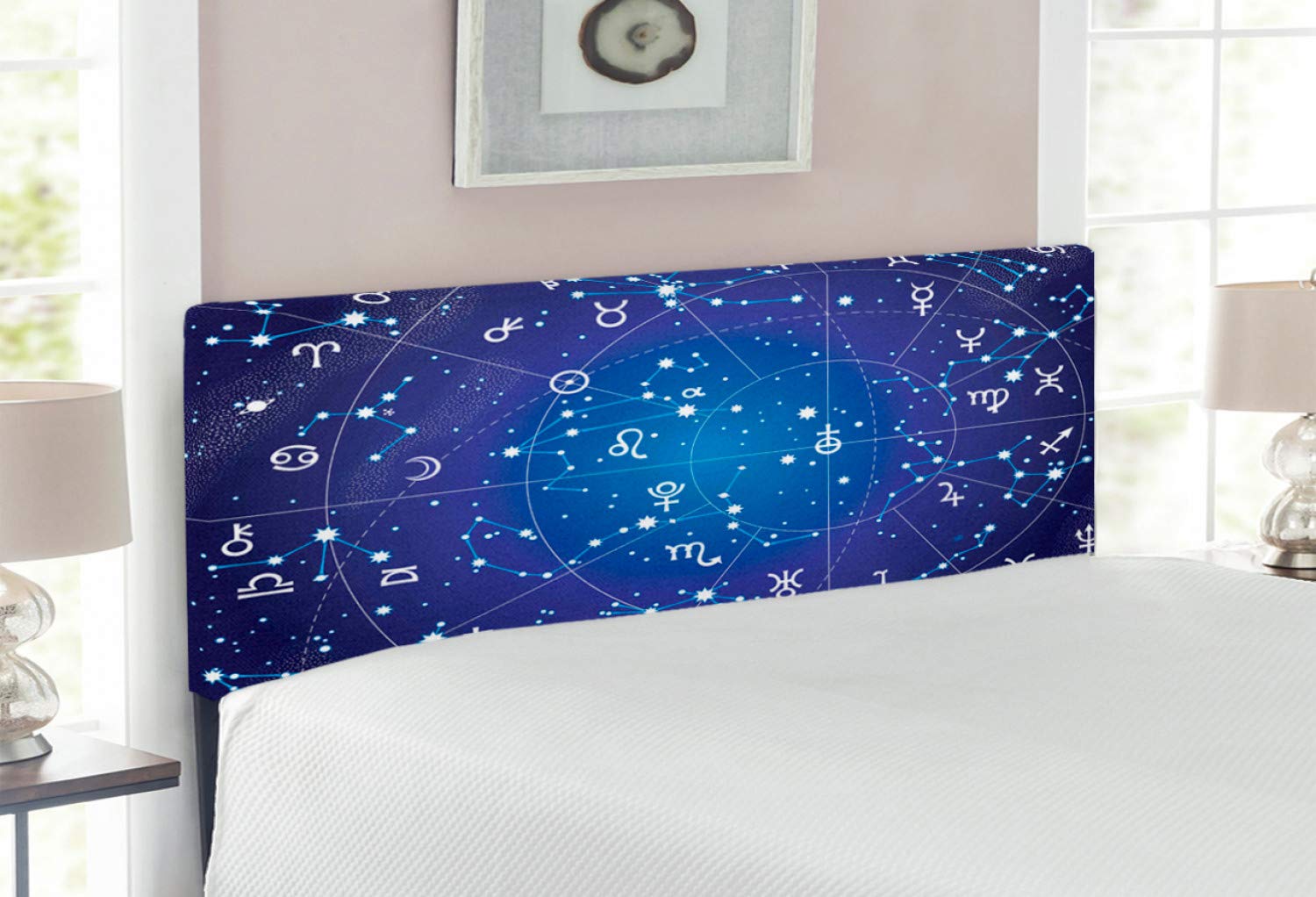 Ambesonne Astrology Upholstered Headboard - Full Size Dark Blue Zodiac Constellation & Celestial Planets Design with Memory Foam | Decorative Metal Bed Frame for Bedroom, Guest Room & Dorm Decor
