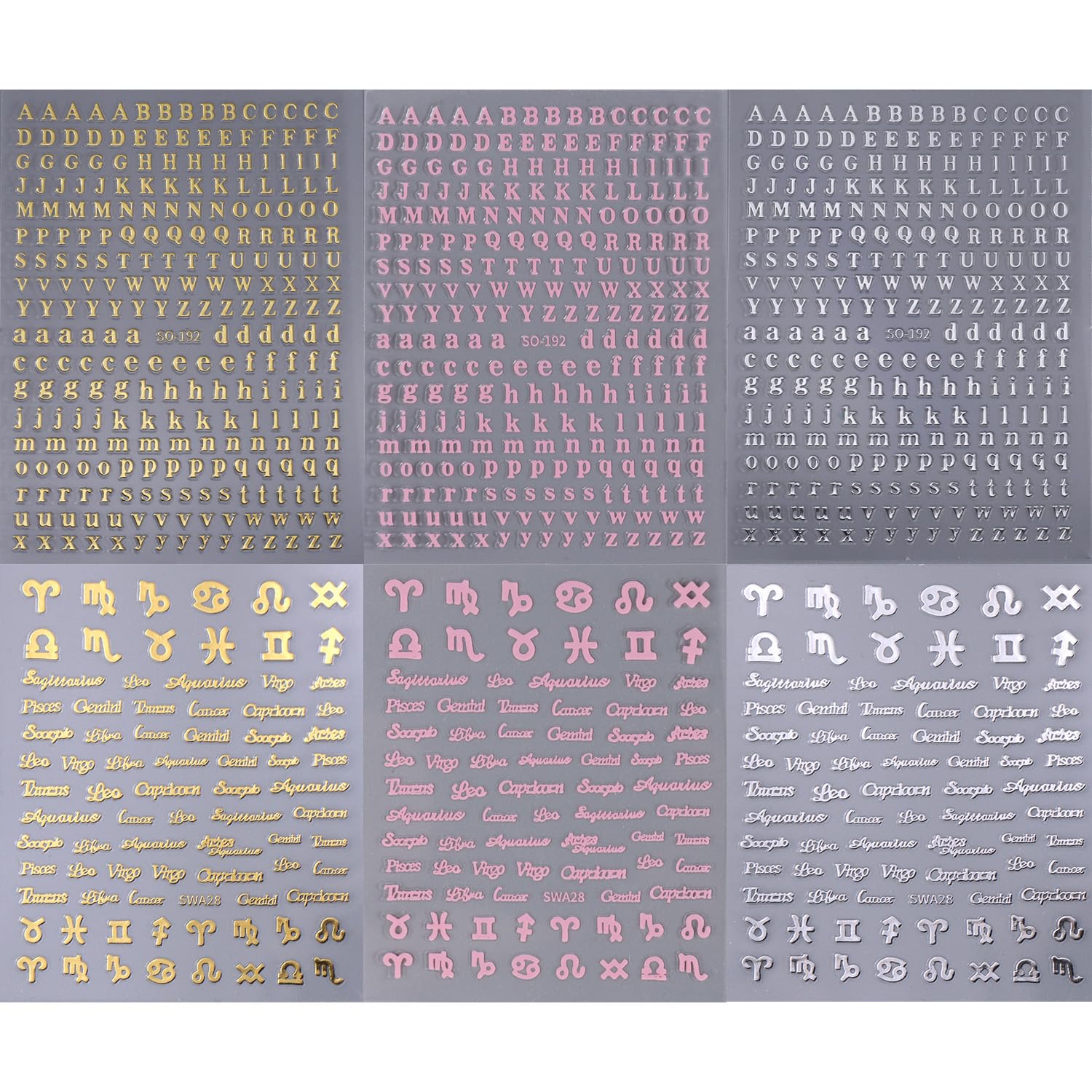 6 Sheets Letter Nail Art Stickers - 3D Self-Adhesive Gold Silver Pink Alphabet A-Z Nail Decals for DIY Manicure | Zodiac & Custom Nail Designs for Women | Perfect for Parties, Weddings, and Special Occasions