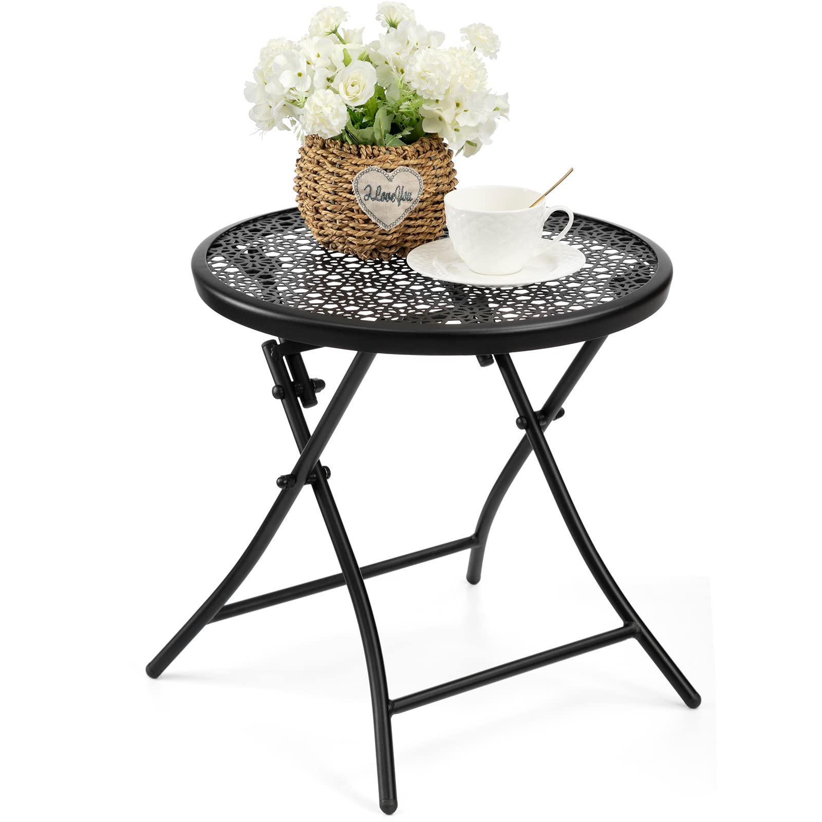 TeoKJ Folding Outdoor Side Table - Rust-Resistant Round Metal Patio Table with Floral Cutouts for Porch, Yard, Balcony, Deck & Lawn - Perfect for Outdoor Dining, BBQ Parties & Relaxing in Black