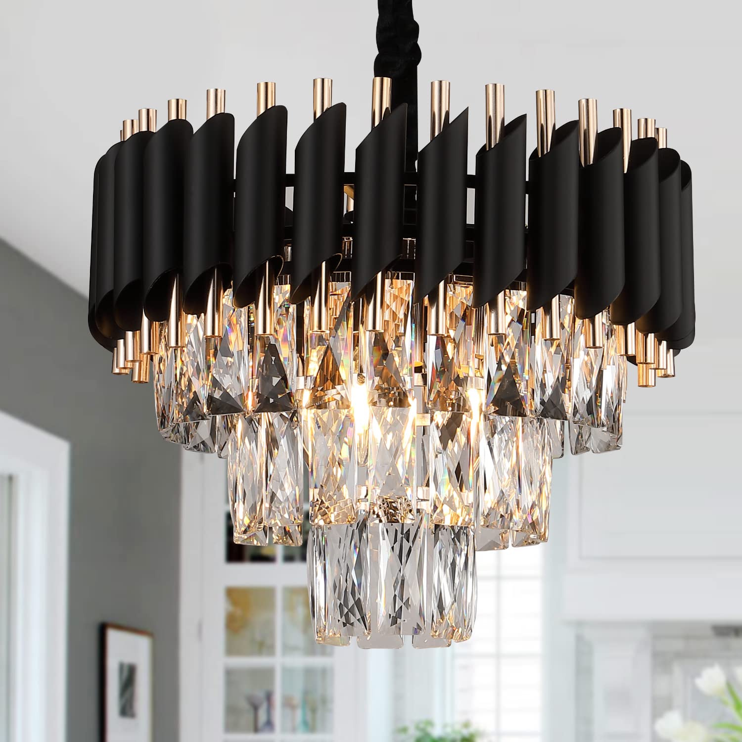 Modern Crystal Chandeliers 3-Tier Black and Gold Pendant Light Fixtures - 16