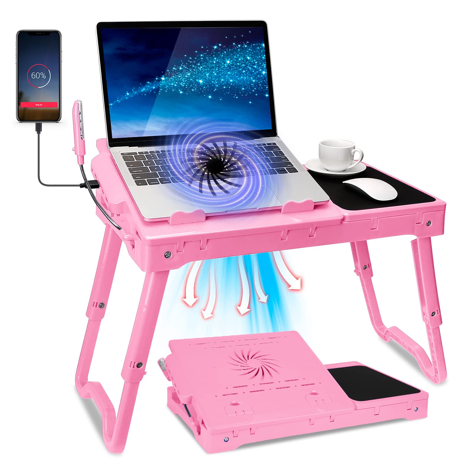 Adjustable Laptop Desk for Bed with Cooling Fan & LED Light - Foldable Portable Lap Desk with 4 USB Ports, Storage Drawer & Mouse Pad - Perfect for Working, Studying or Watching Movies in Bed, Sofa or Couch (Pink)