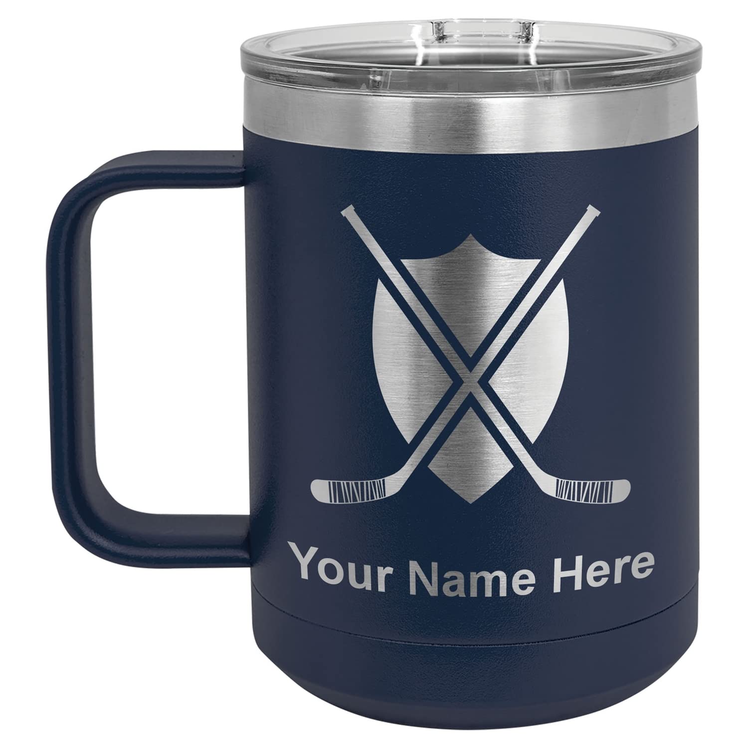 LaserGram 15oz Vacuum Insulated Stainless Steel Coffee Mug with Hockey Stick Design - Personalized Engraving Included (Navy Blue) - Perfect for Hockey Fans, Office Use & Outdoor Activities
