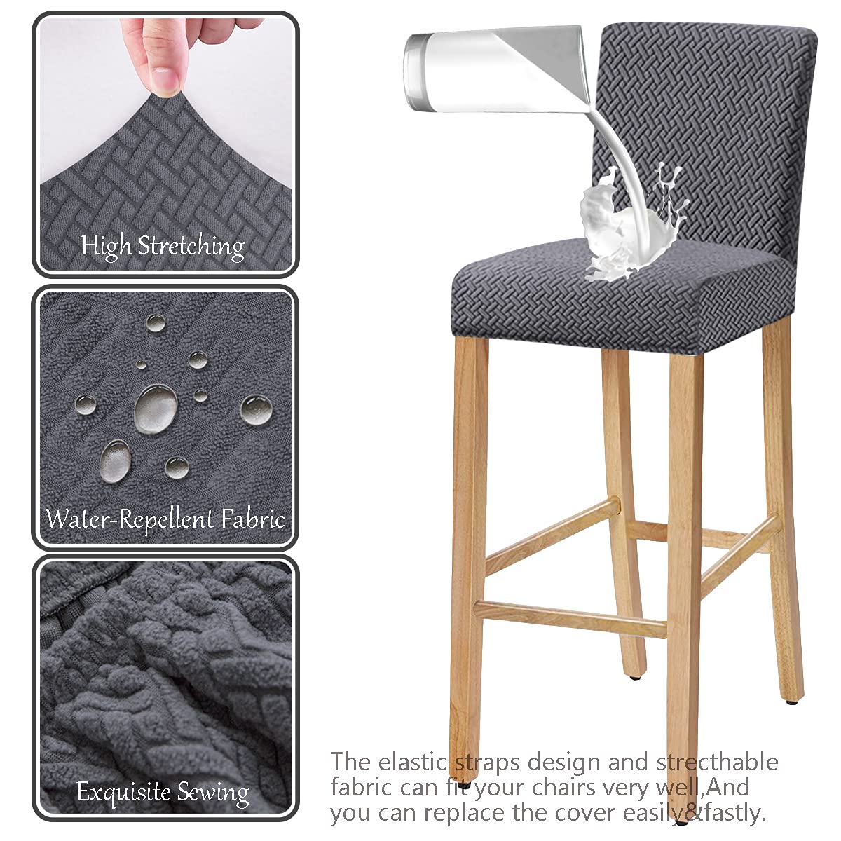 Stretch Waterproof Jacquard Bar Chair Covers - Washable & Removable Slipcovers for Dining Chairs, Bar Stools & Back Chairs (Set of 4, Dark Gray) - Perfect for Home, Restaurant & Office Use