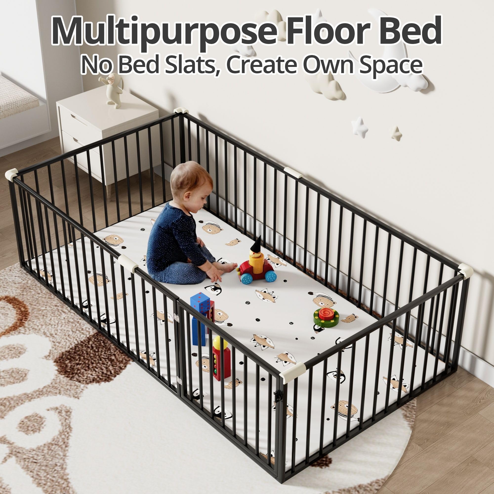 Montessori Twin Floor Bed for Kids - Sturdy Metal Bed Frame with Safety Guardrails & Door, Anti-Collision Cotton Padding for Boys and Girls - No Box Spring Needed - Black - Perfect for Toddler Rooms, Daycare Centers & Montessori Classrooms
