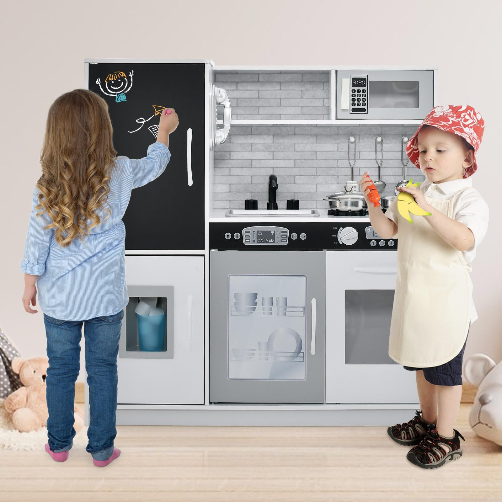 HONEY JOY Wooden Kids Kitchen Playset - Pretend Play Toy Kitchen with Chalkboard, Telephone, Utensils, Oven, Microwave & Sink | Educational Toddler Kitchen Set for Boys & Girls | Perfect Gift for Birthday & Christmas | Encourages Imaginative Play & Social Skills