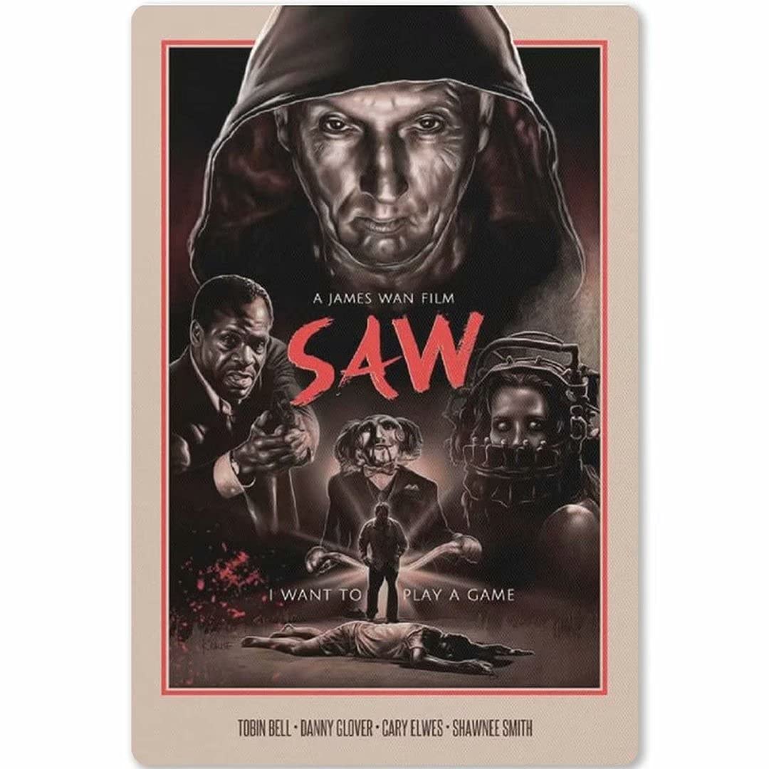 Yohi Saw Horror Movie Poster Jigsaw Puzzle Mask Metal Wall Sign - 8x12 Inch Vintage Home Decor for Garage, Bar, Coffee Shop & Man Cave - Perfect for Halloween Party & Horror Fan Gifts