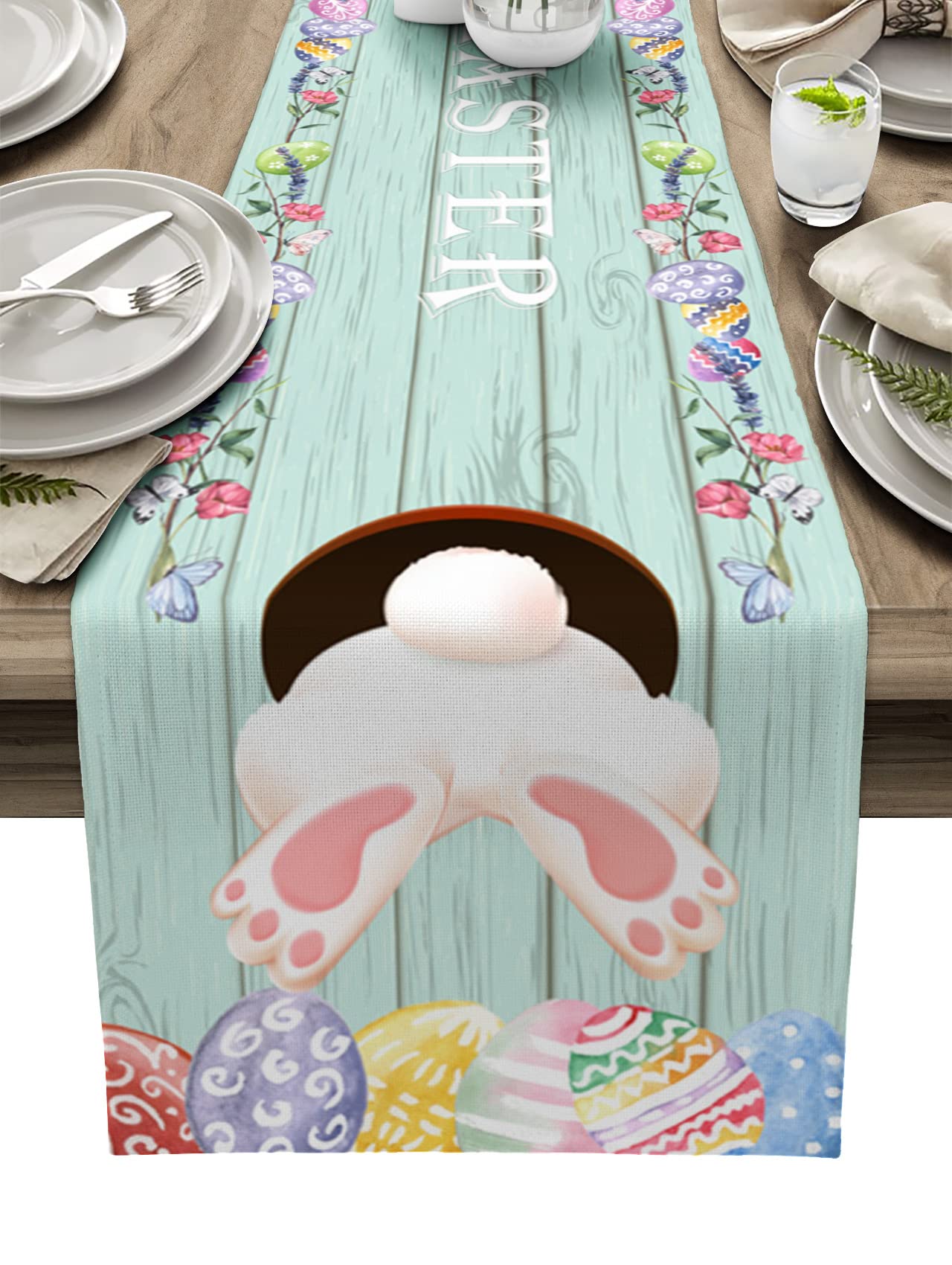 Funny Easter Bunny Table Runner 72 Inch - Non-Slip Dining Table Decor with Easter Eggs & Spring Flowers - Perfect for Kitchen, Holiday Party & Spring Home Decor - Aqua Tabletop Decoration for Easter Celebrations