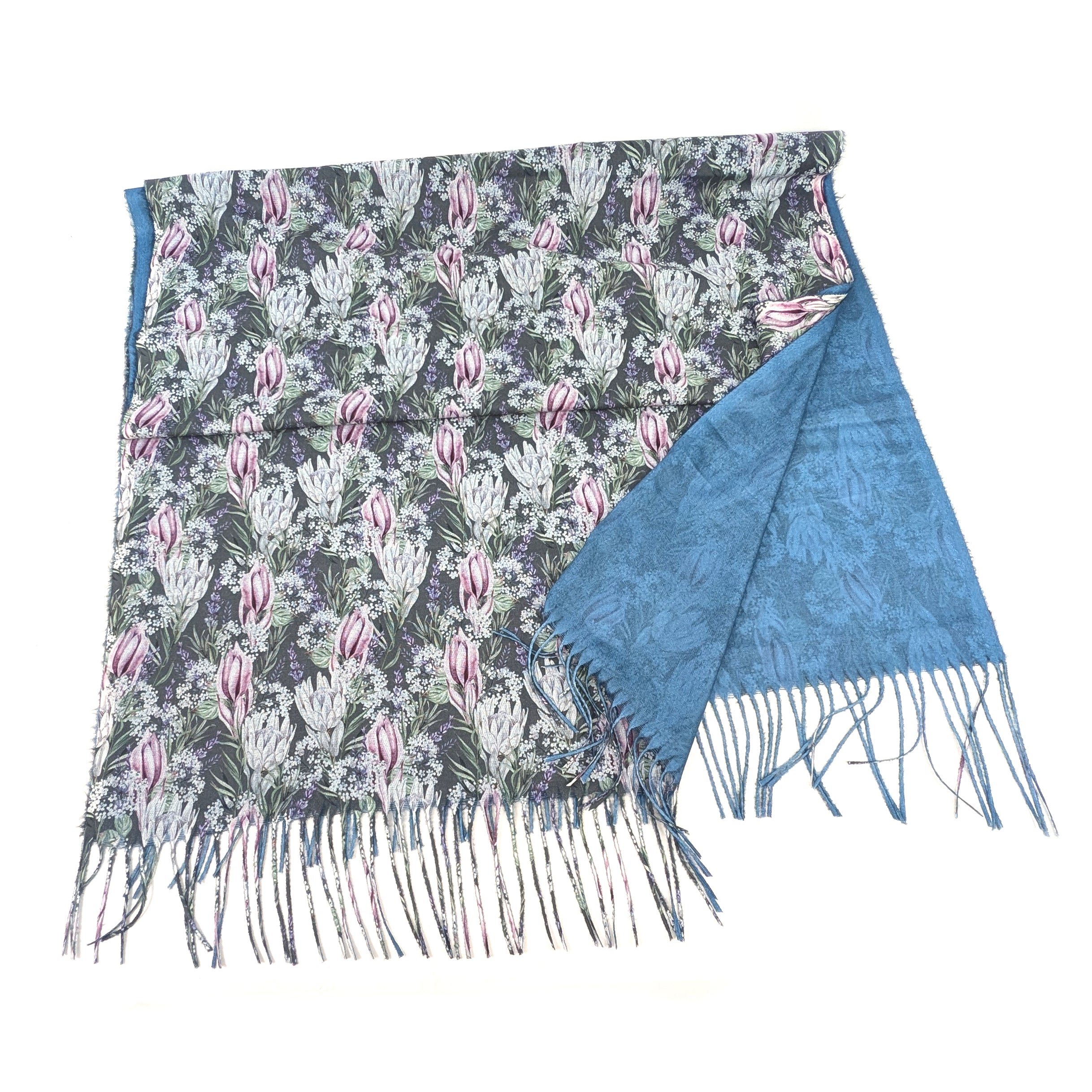 Premium Protea Pashmina Scarf (70x180cm) - Exclusive Denim Blue Design - Soft & Lightweight Shawl for Women - Perfect for Travel, Office & Evening Wear