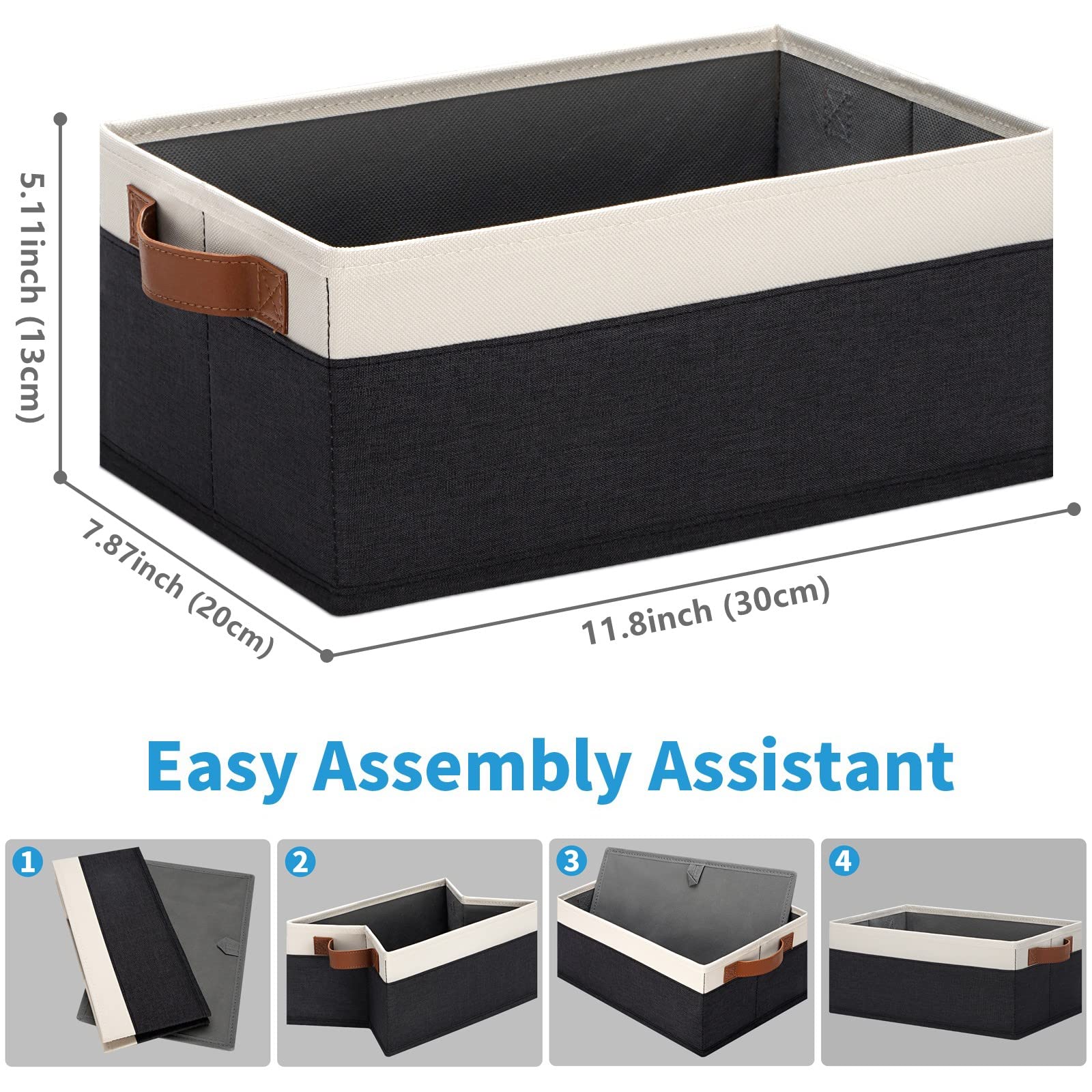 12 Pack Foldable Fabric Storage Bins with Leather Handles - Rectangular Organizer Baskets for Shelves (11.8