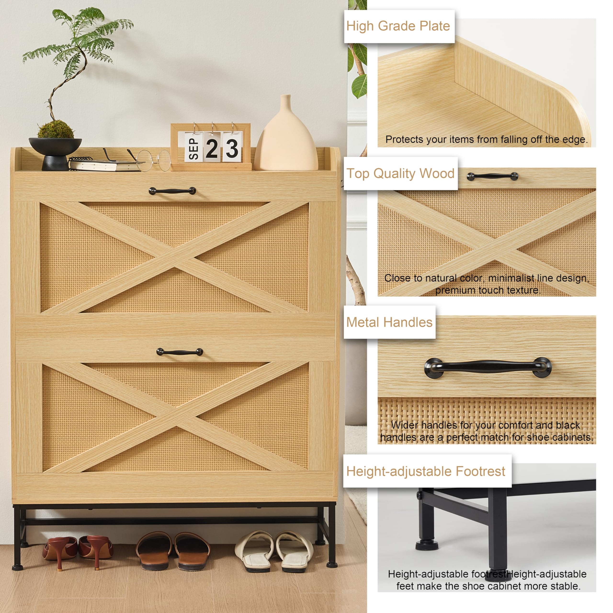 Slim Rattan Shoe Cabinet with 2 Flip Drawers - Narrow Entryway Shoe Organizer, Hidden Storage Cabinet with Metal Legs, Farmhouse Style Free Standing Shoe Rack - Perfect for Small Spaces, Apartments & Closet Organization (Natural Color)