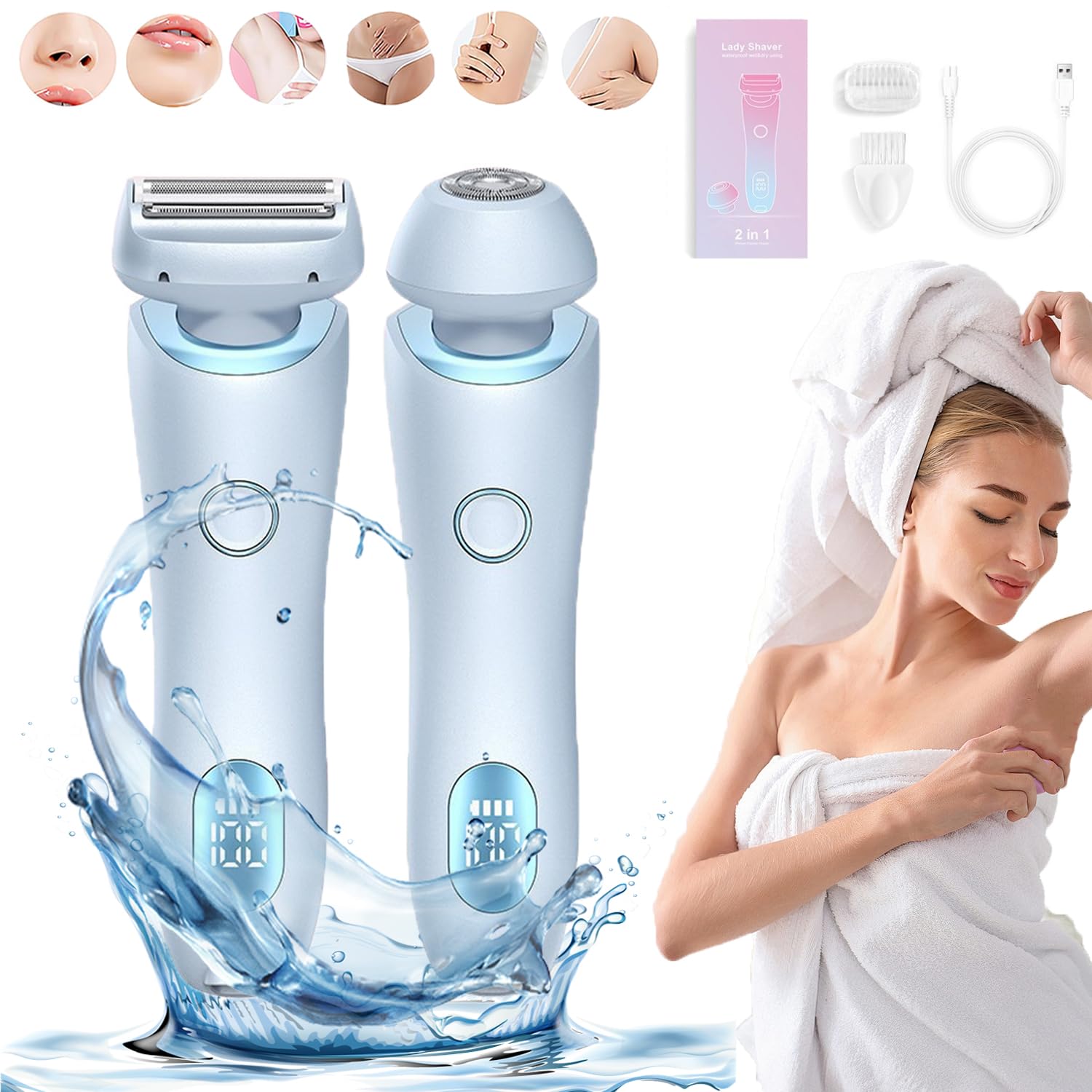 Beauty Bloom 2-in-1 Women's Electric Razor & Bikini Trimmer - Dual Head Shaver for Smooth Legs & Body Hair Removal - Perfect for Travel, Gym & Home Use (Blue)