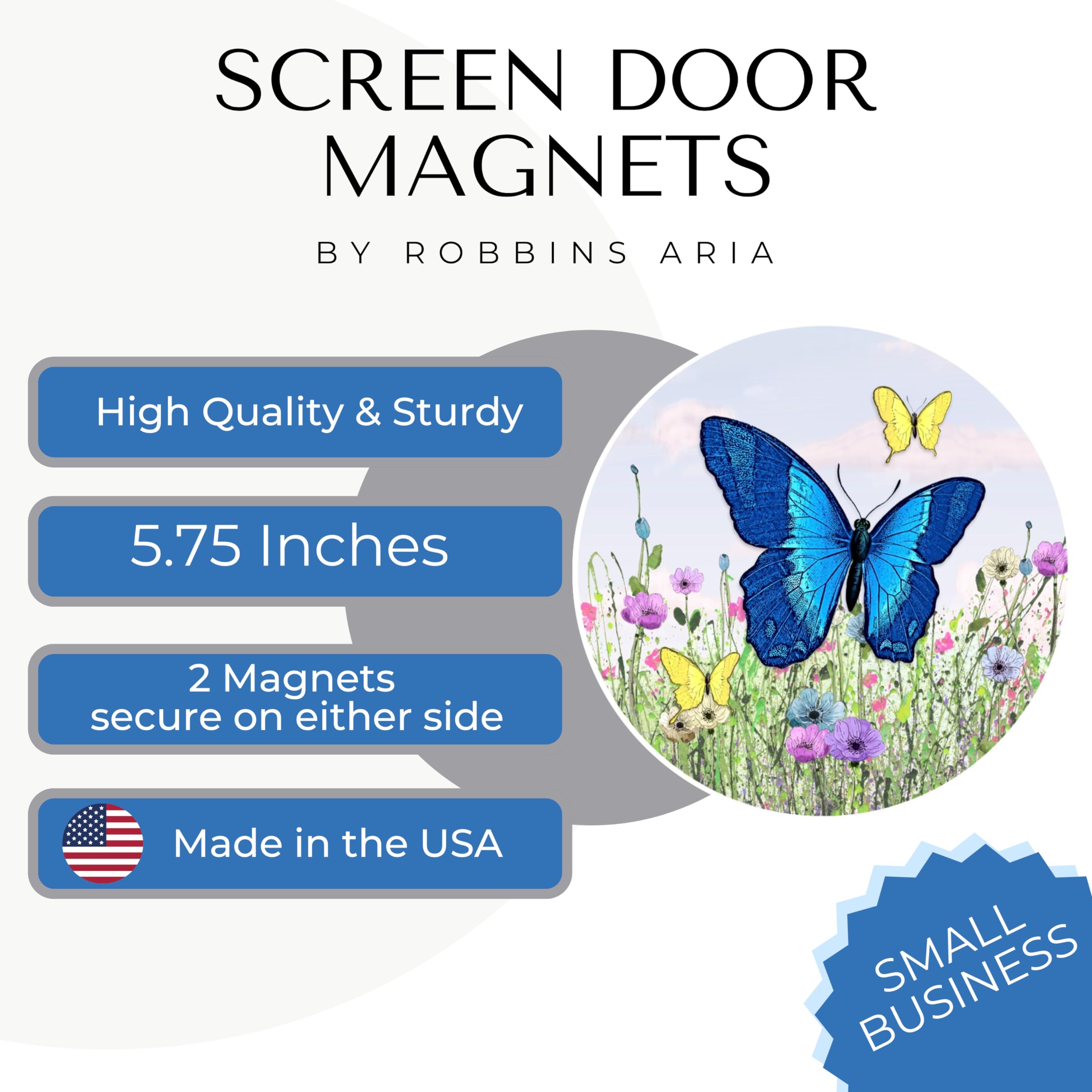 Twist Click Lock Screen Door Magnets - Secure Magnetic Screen Door Saver for Pets & Kids - Butterfly Design by Robbins Aria - Perfect for Patio, Deck & Backyard Safety