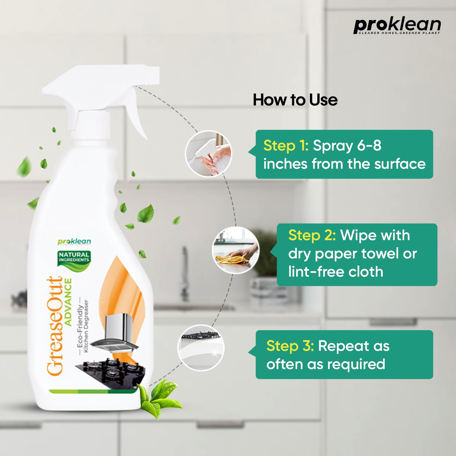 Proklean GreaseOut Advanced Kitchen Cleaner Spray - 500ml | Natural Degreaser & Oil Stain Remover for Stovetops, Countertops, Range Hoods, Grills, Gas Stoves | Deep Cleaning for Kitchen Appliances, Exhaust Fans, Deep Fryers | Perfect for Home & Commercial Use