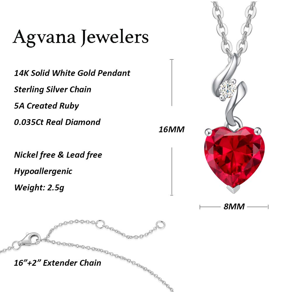 14K Solid White Gold Diamond & Gemstone Heart Pendant Necklace with Sterling Silver Chain - 8mm Birthstone Jewelry for Women, Perfect Anniversary & Birthday Gift for Mom, Wife - Ideal for Weddings, Parties & Special Occasions