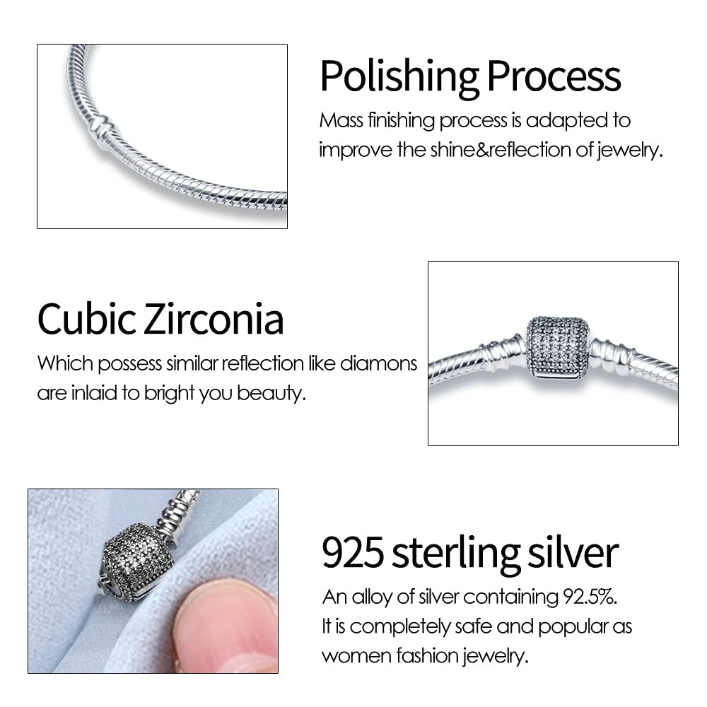KUNSIR 925 Sterling Silver Snake Chain Charm Bracelet for Women - Adjustable, Dainty & Elegant Jewelry Gift for Her - Perfect for Everyday Wear, Special Occasions & Charm Customization