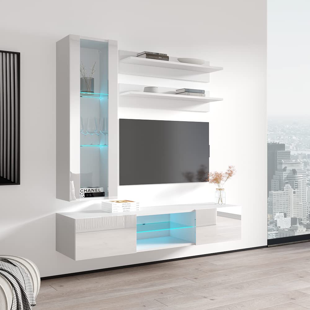 Modern Floating TV Stand with Storage & LED Lights - Wall-Mounted Entertainment Center for Bedroom & Living Room - H2 33