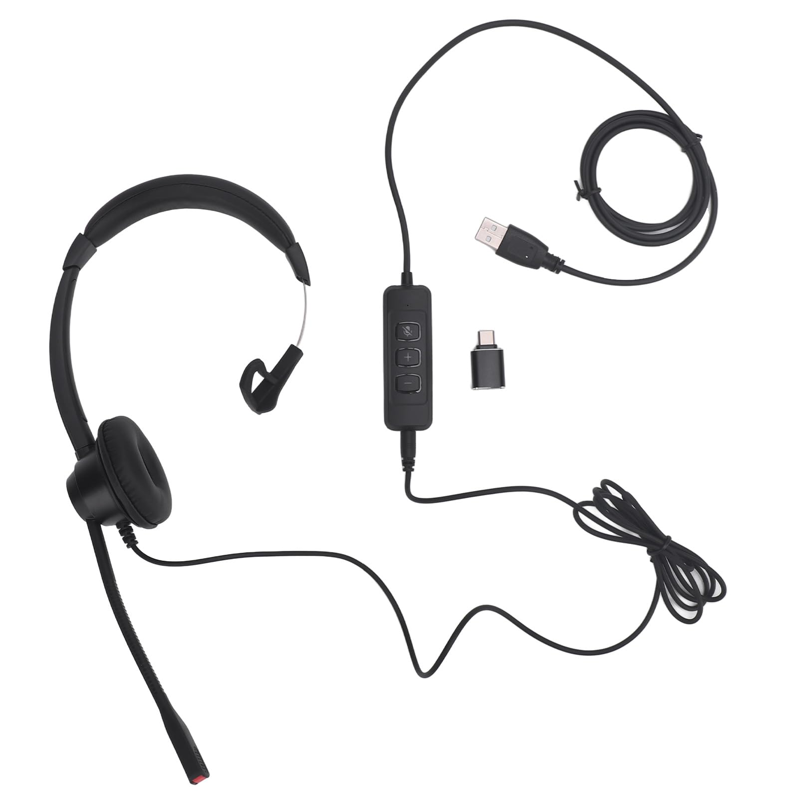 Noise Cancelling USB Headset with Microphone - Single Ear Headphone for PC, Laptop, Phone & Tablet - Includes USB to USB-C Adapter - Perfect for Home Office, Call Centers & Remote Work