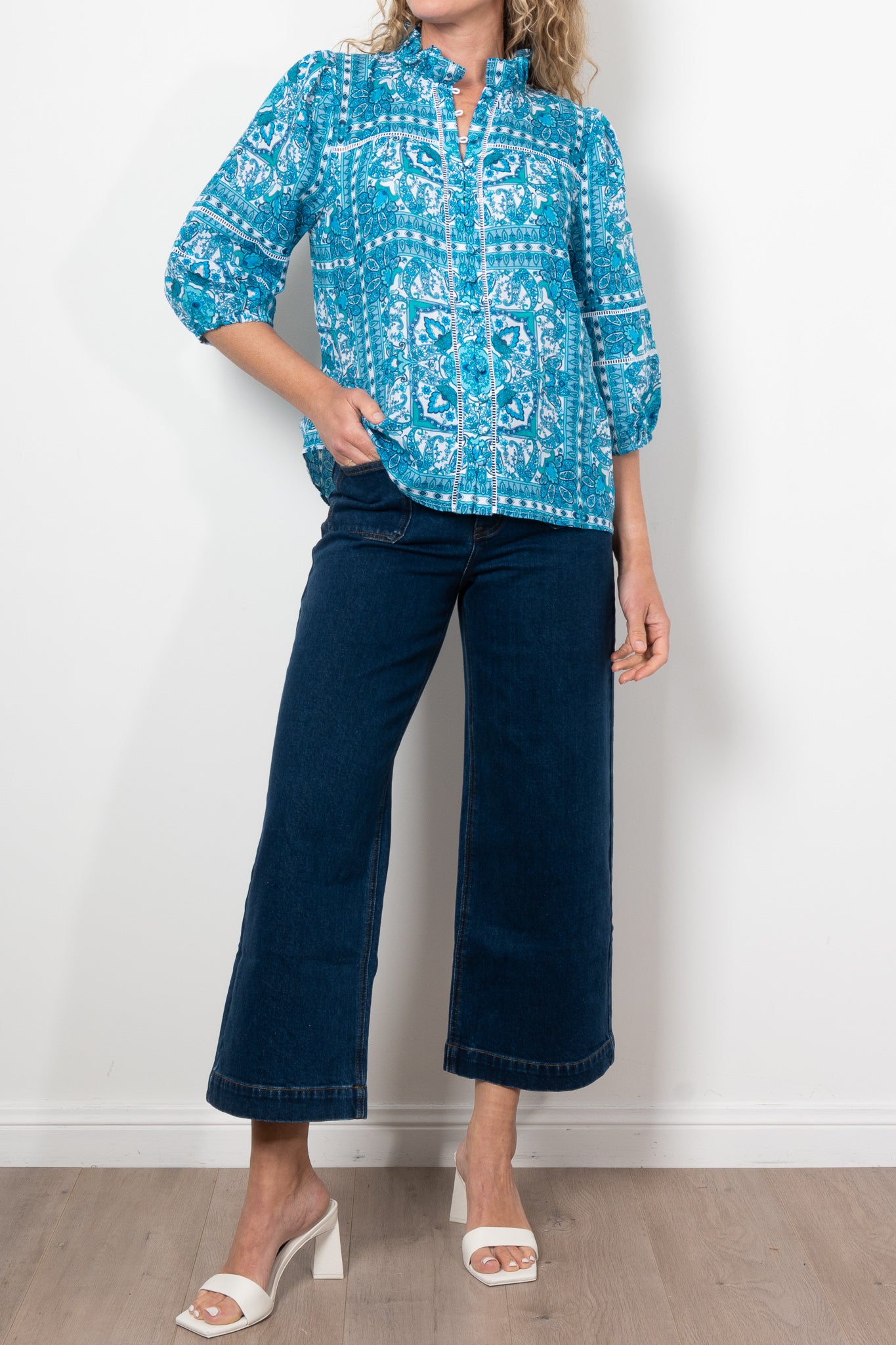 Zoe Kratzmann Wayfarer Top - Women's Fashion Blue Tile Print Blouse for Casual Wear, Office Outfits & Summer Style