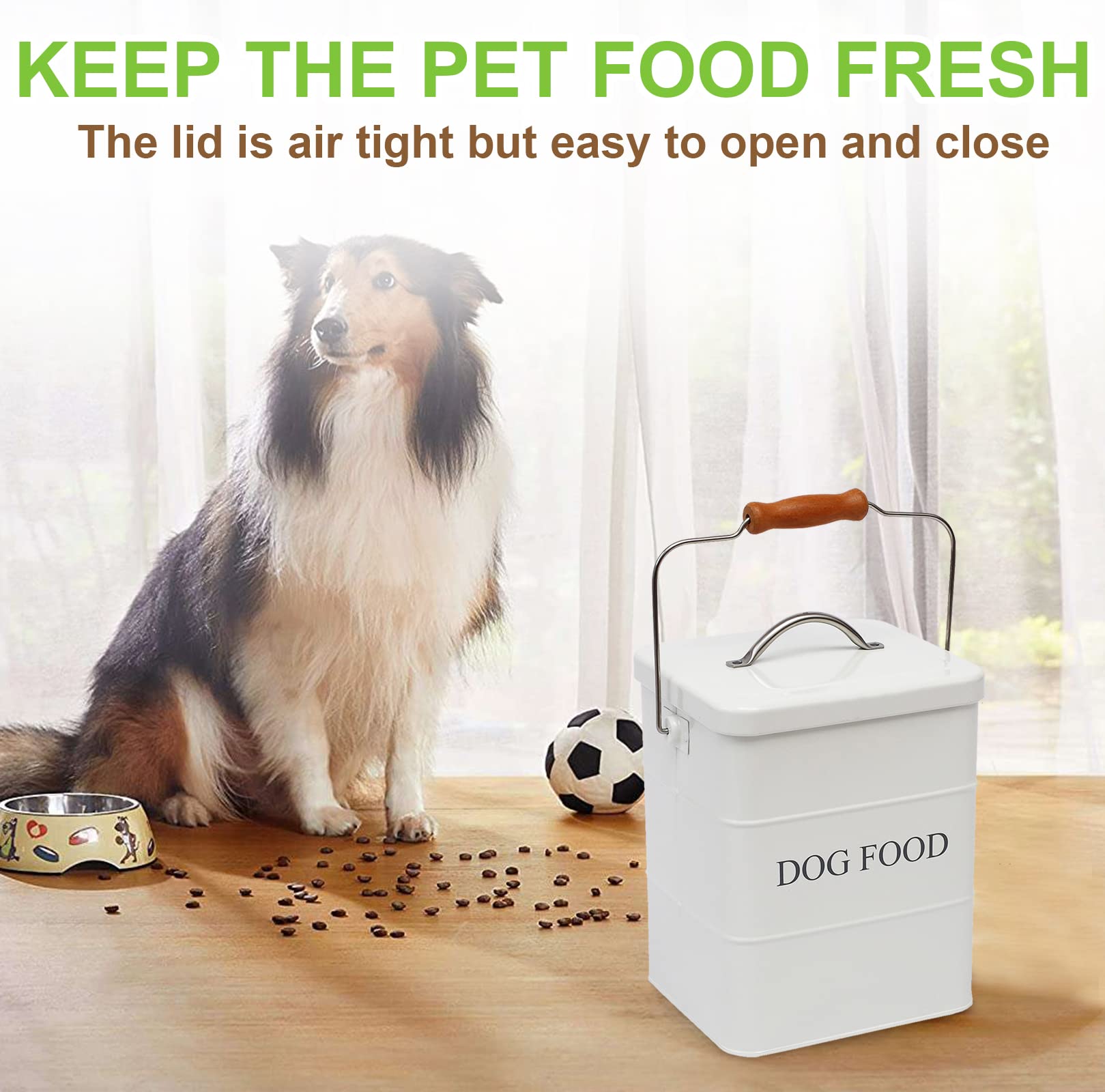 Airtight Metal Dog Food Storage Container with Wooden Handle & Scoop - Holds 5-6 lbs of Kibble, Treats & Biscuits - Perfect for Kitchen Pantry Organization & Pet Food Freshness - White