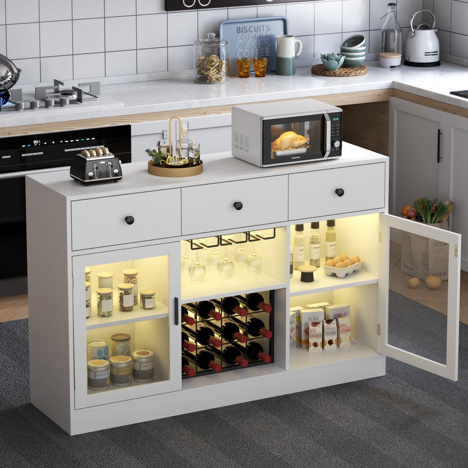 Modern White Wine Bar Cabinet with LED Lights - Kitchen Buffet Sideboard with Adjustable Shelves, Glass Door & Storage Drawers - Perfect for Home Bar, Dining Room & Living Room Storage