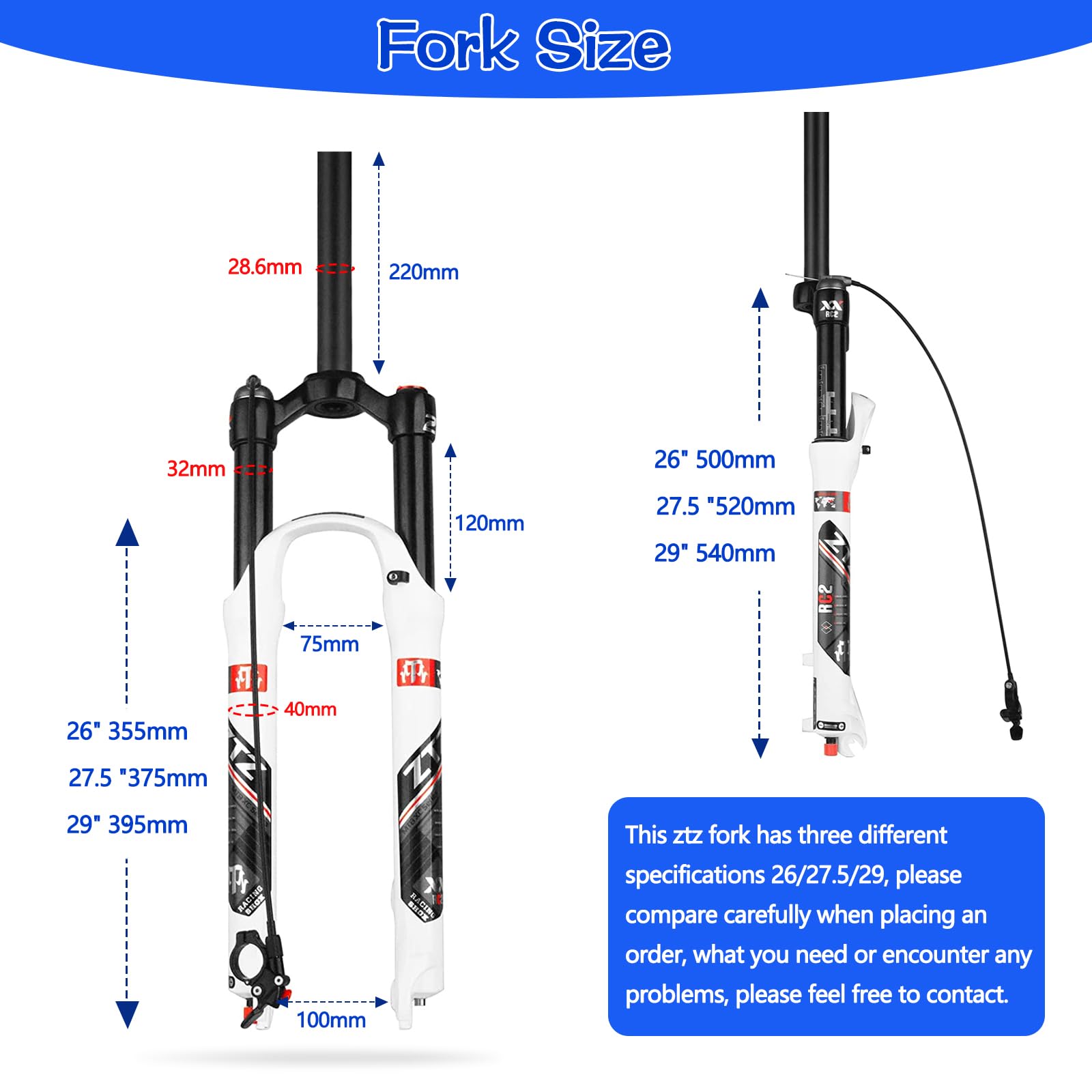 ZTZ MTB Air Suspension Fork - 26/27.5/29 Inch Mountain Bike Fork with 120mm Travel, Rebound Adjustment, QR 9mm, Manual/Remote Lockout - Lightweight XC/AM Front Suspension Fork for Trail Riding & Cross-Country Cycling