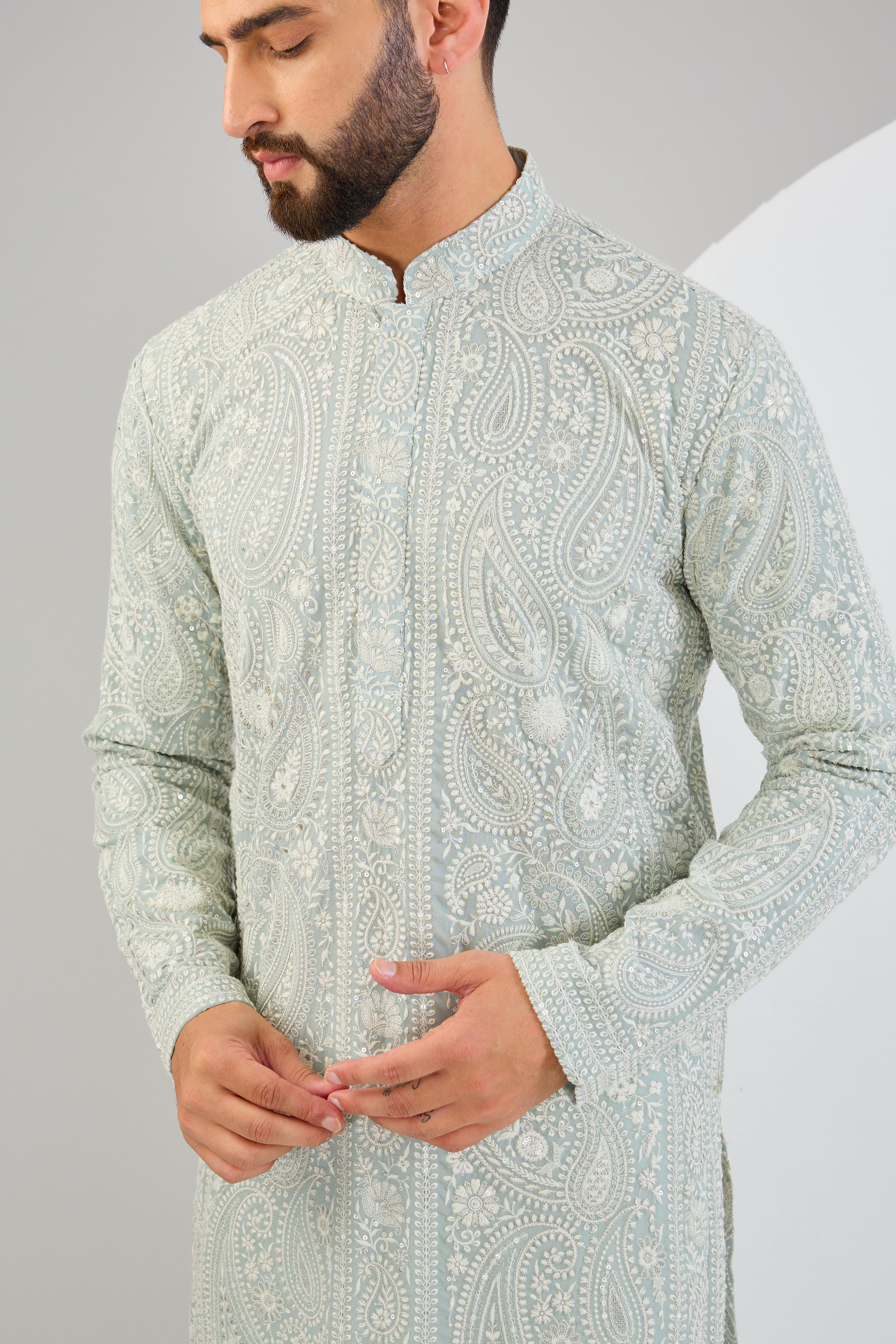 Elegant Ice Blue Chikankari Kurta with Paisley Embroidery - Perfect for Festivals, Weddings & Casual Wear