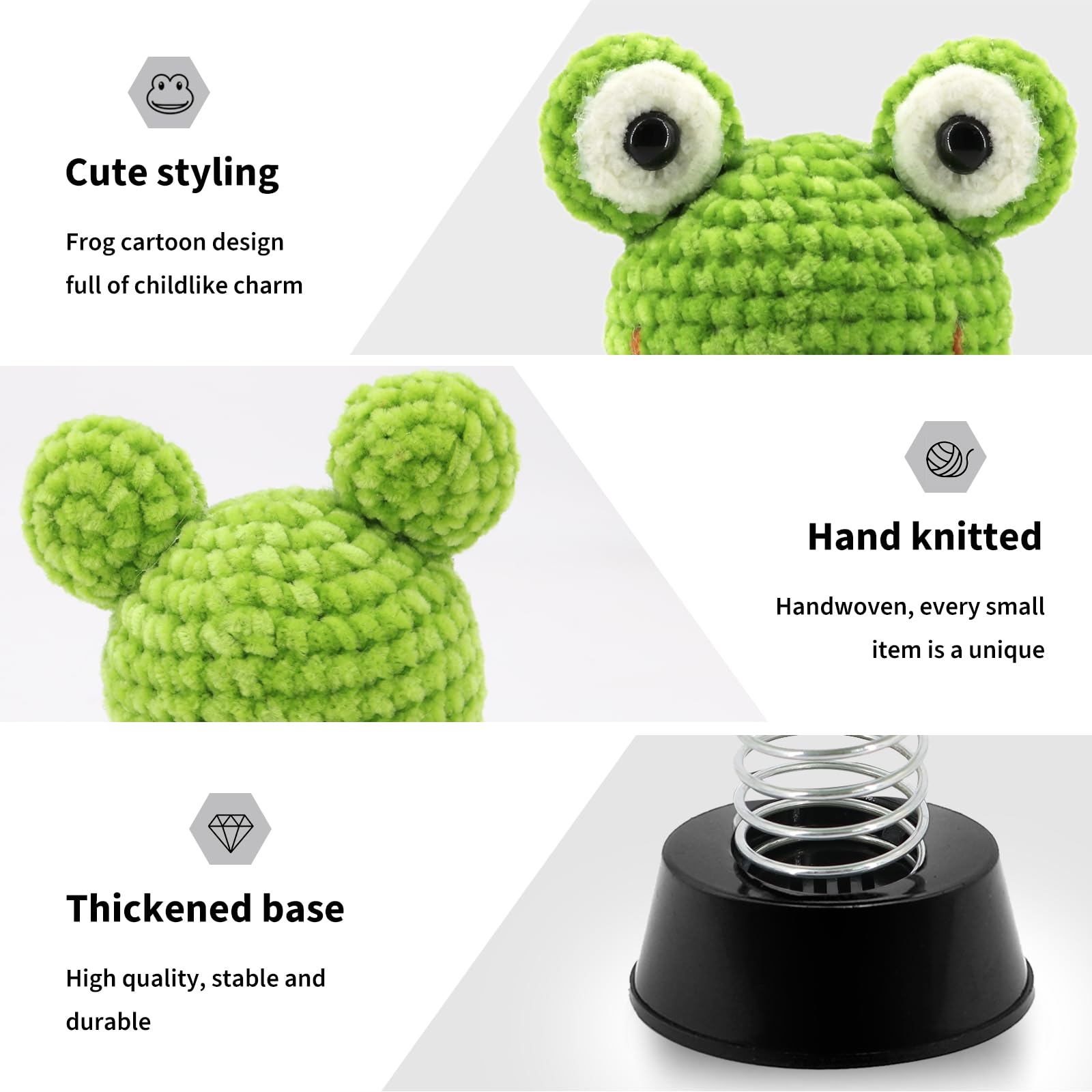 Handmade Crochet Frog Car Dashboard Decor - Bobblehead Swinging Ornament for Cars, Vehicles & Desktop - Cute Automotive Gift for Frog Lovers (Perfect for Birthday Presents, Car Accessories & Office Decor)
