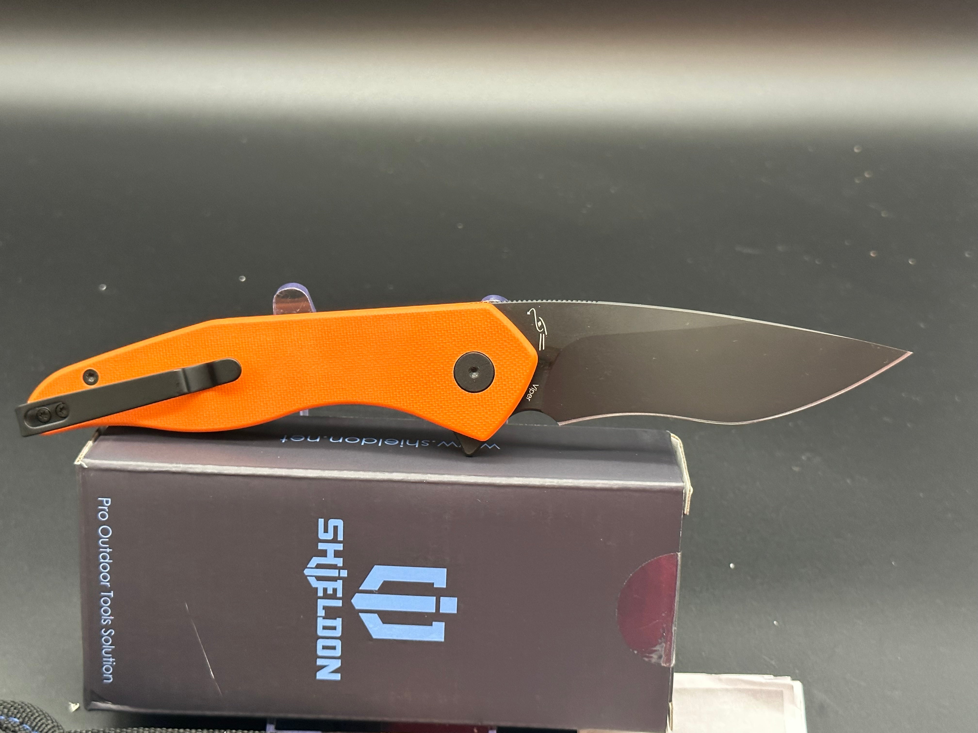 SHIELDON VIPER TANGERINE G10 Handle Folding Knife - 154CM Stainless Steel Blade - EDC Pocket Knife for Camping, Hiking & Outdoor Survival