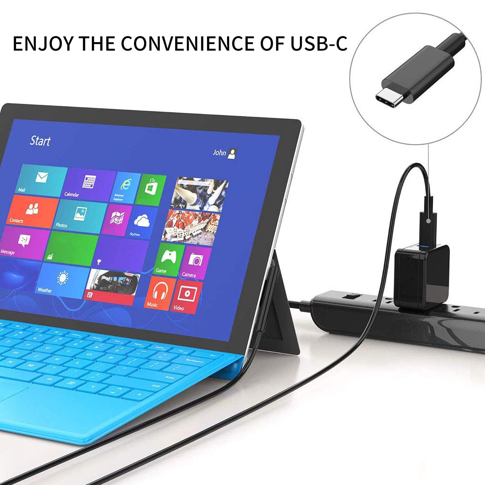 Premium Nylon Braided USB-C Charging Cable for Microsoft Surface Pro 7/6/5/4/3/2/1 - 6ft Fast Charging Cord Compatible with 45W 15V 3A Power Adapter (Black) - Perfect for Home, Office & Travel Use