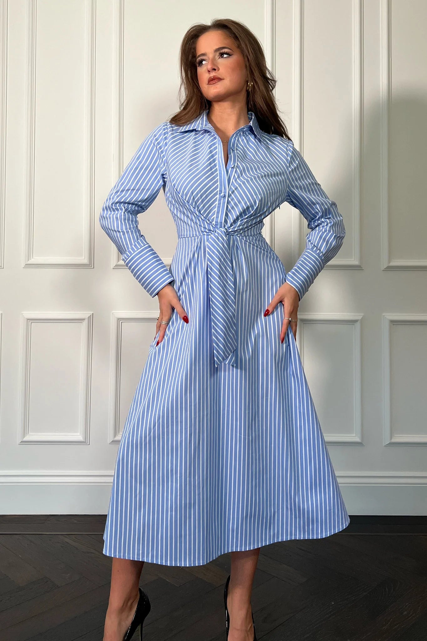 Isabella Blue Pin Stripe Tie Front Dress - Women's Elegant Casual Summer Dress for Office, Party & Date Night