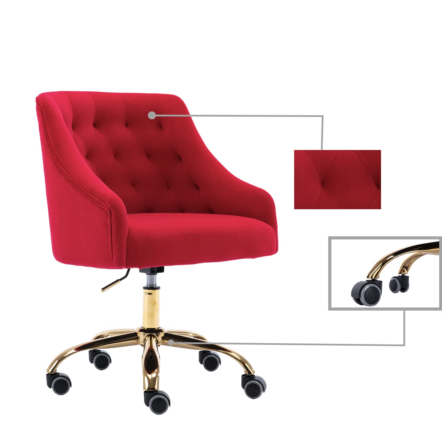 Ergonomic Velvet Swivel Office Chair - Adjustable Height Rolling Desk Chair for Home Office, Makeup Vanity, Living Room & Bedroom - Comfortable Task Chair with Wheels (Red) - Perfect for Remote Work, Gaming & Beauty Routines