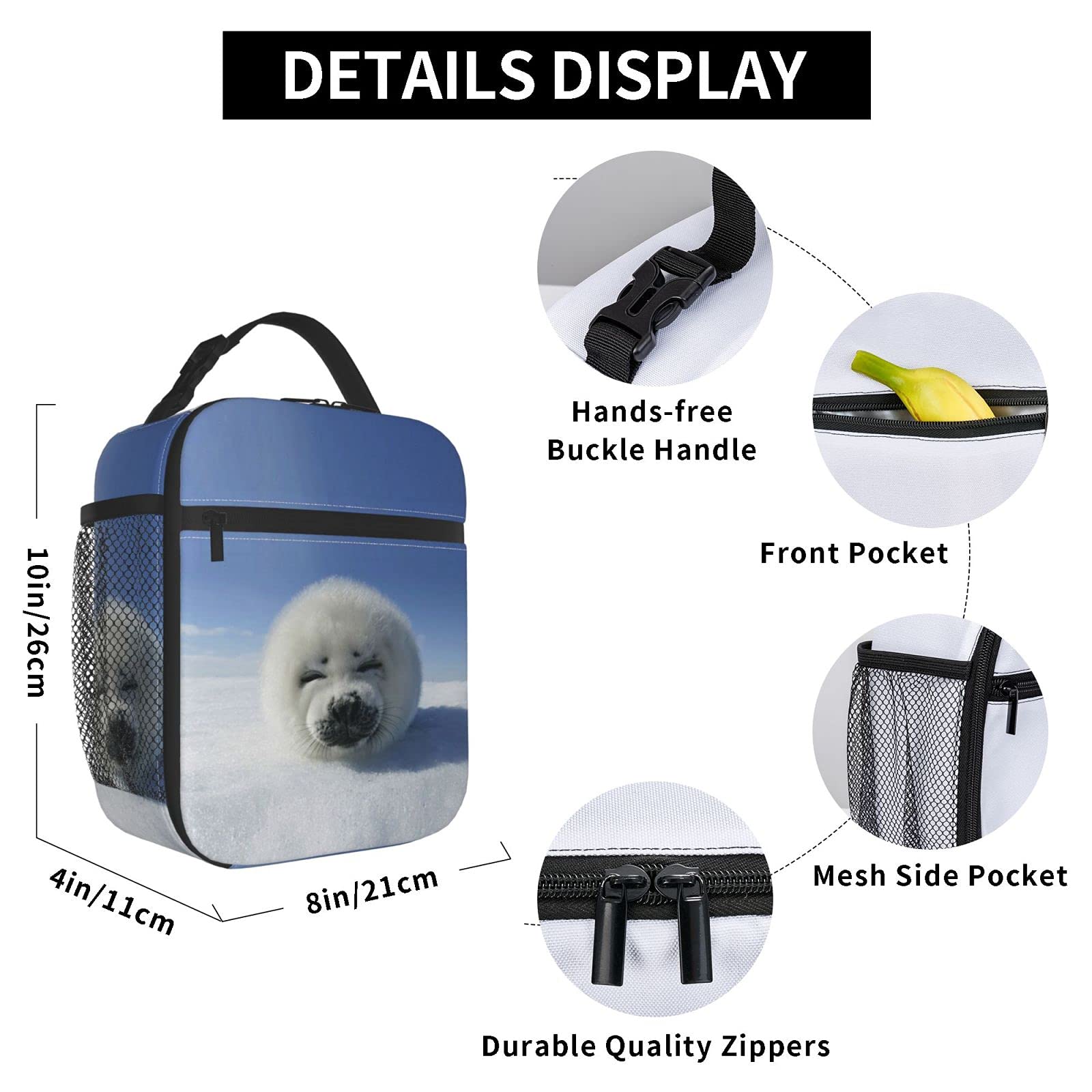 Insulated Lunch Box with Removable Buckle Handle - Cute Smiling Harp Seal Design for Women, Men & Kids - Perfect for School, Work, Picnics & Travel