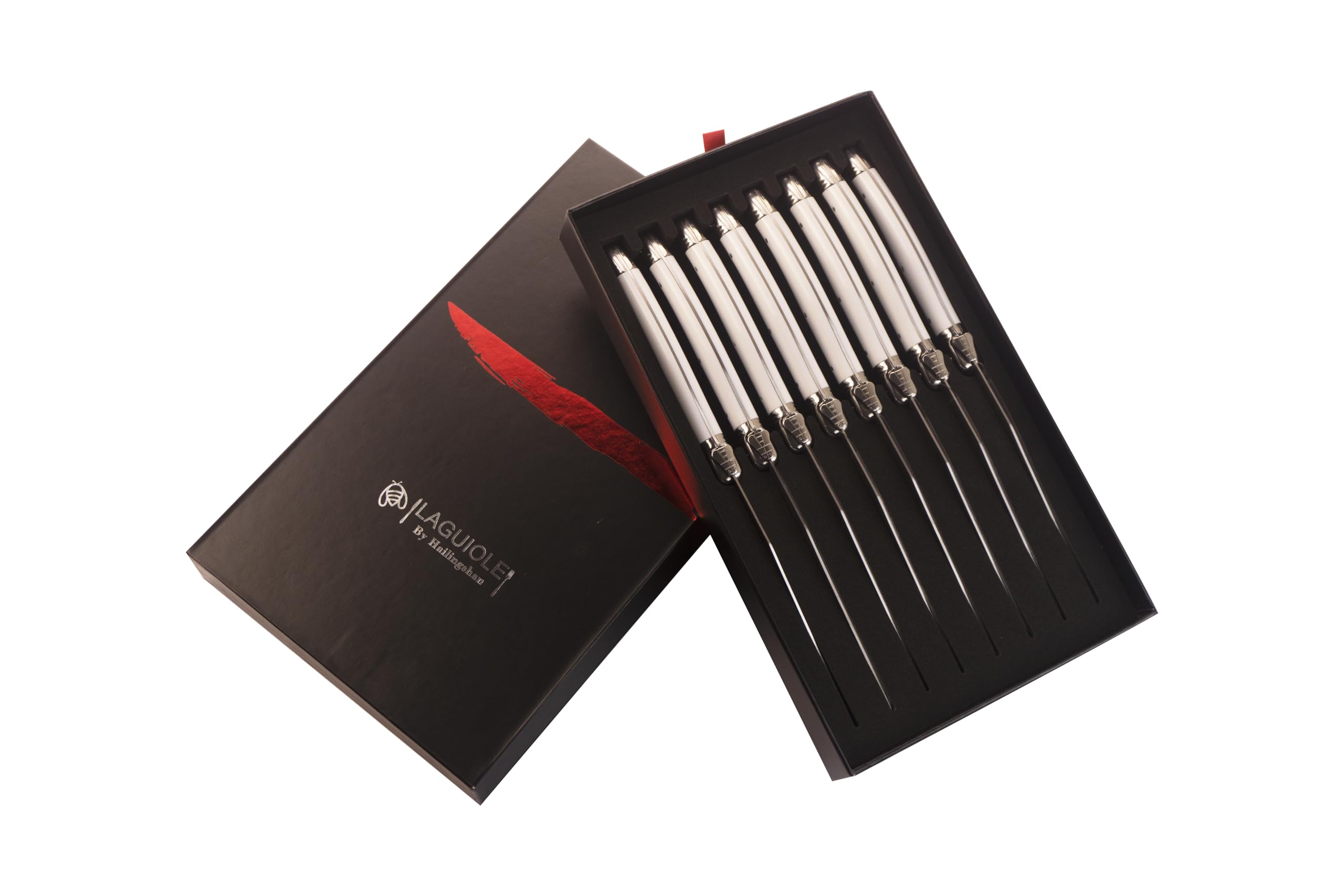 Premium 8-Piece Steak Knife Set - Hailingshan Serrated Stainless Steel Blades, Dishwasher Safe & Razor Sharp - Elegant Laguiole Design with White Plastic Handle - Perfect for Dinner Parties, BBQ, and Steakhouse-Style Dining at Home