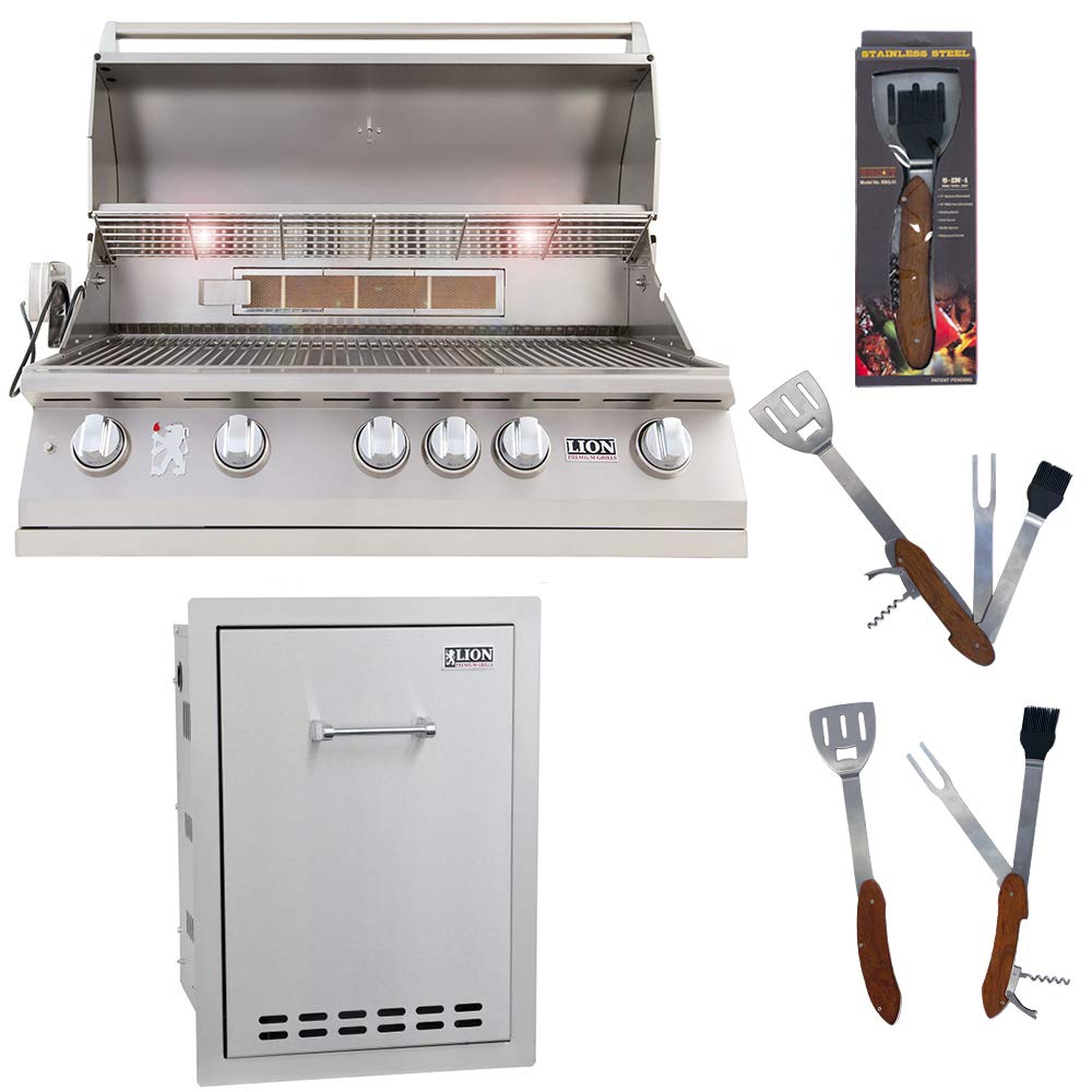 Lion Premium L90000 40-Inch Liquid Propane Gas Grill with Multi-Functional Drawer & 5-in-1 BBQ Tool Set - Outdoor Cooking, Backyard Parties, Camping, Tailgating