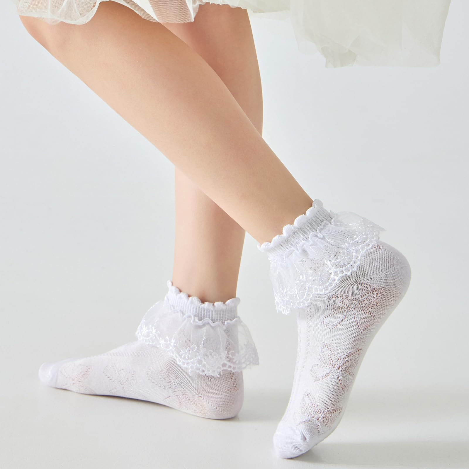 5 Pairs Girls Mesh Ruffle Lace Trim Cotton Ankle Socks - Princess Style Frilly Dress Socks for Toddler Girls - Perfect for Parties, School & Special Occasions