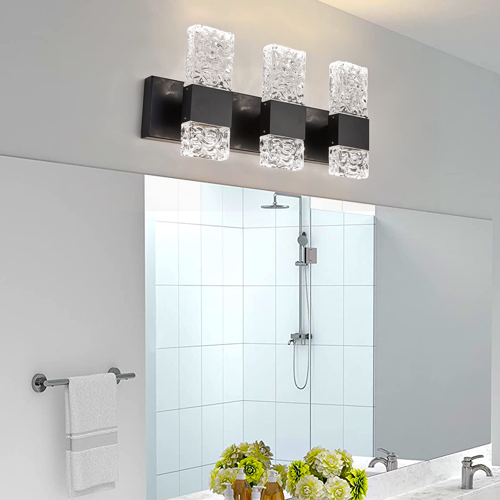 Modern Black Crystal Bathroom Vanity Light Fixture - 3-Light LED Wall Sconce with 6000K Cool White Light (30W) - Perfect for Bathroom Mirror Lighting, Powder Room & Modern Home Decor