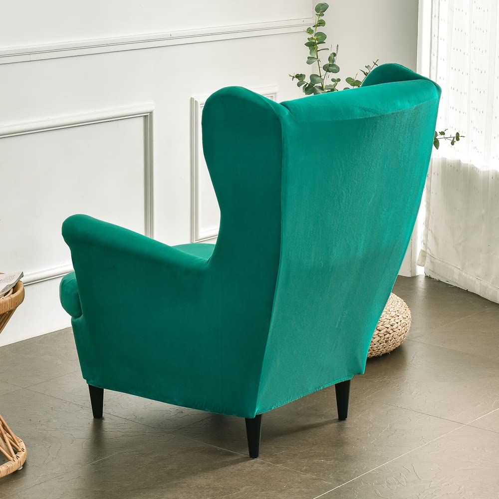 Velvet Stretch Wingback Chair Cover 2-Piece Set with Cushion Cover - Soft Washable Armchair Slipcover for Living Room & Bedroom - MIFXIN Furniture Protector (Green) | Perfect for Home Decor, Reading Nook & Cozy Spaces